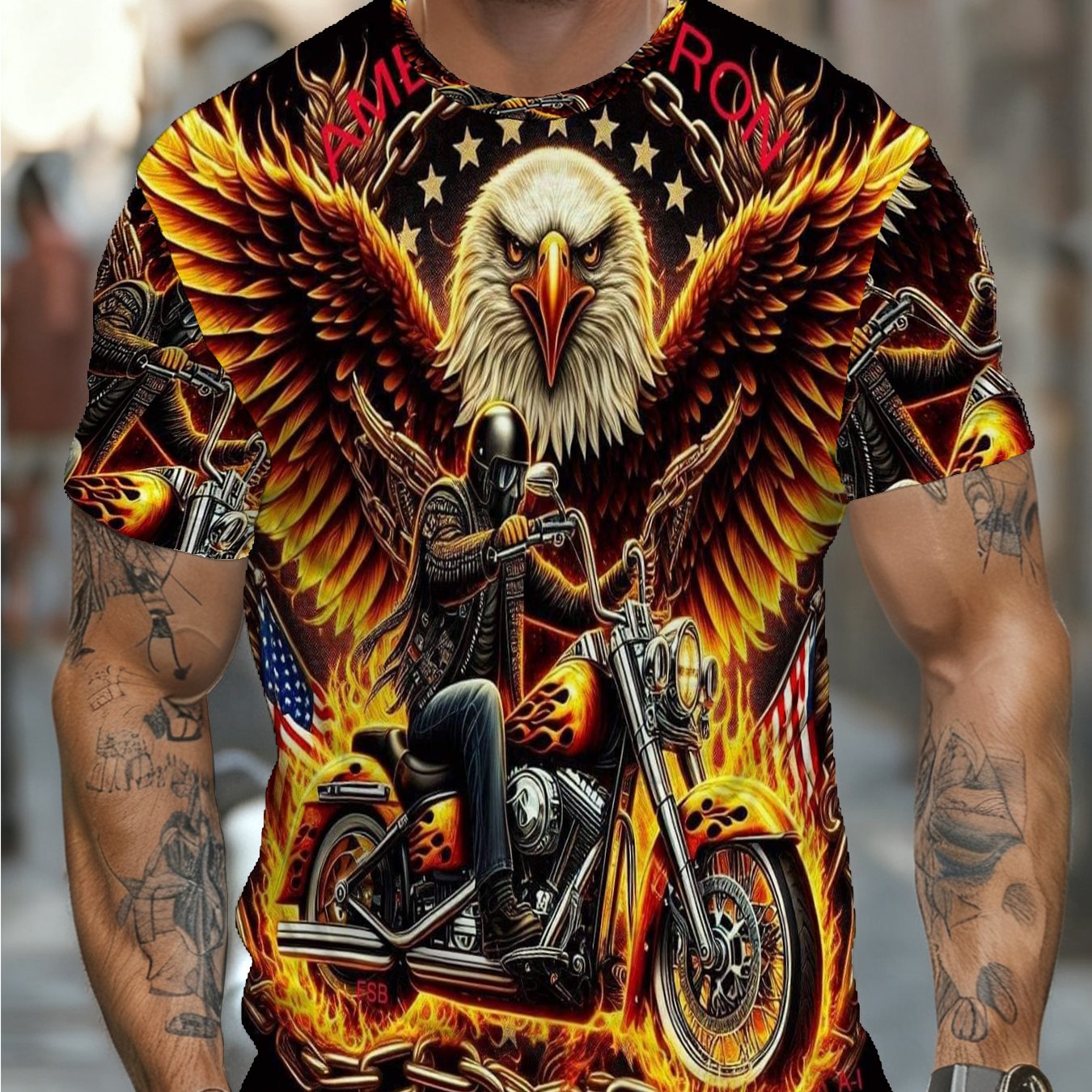 TEMU Men's Graphic Print T-shirt - Eagle Motorcycle Tee, Breathable And Soft Casual Top, Trendy Streetwear