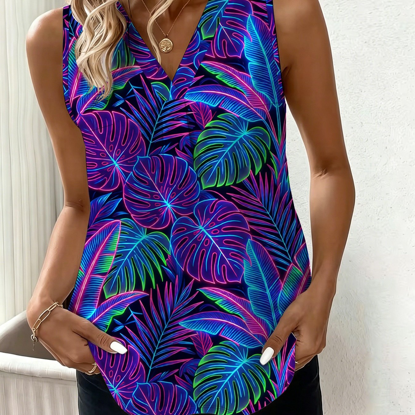 TEMU Fluorescent Monstera Tropical Leaf Print V-neck Sleeveless Top, Black Background Trendy Cool Casual Vest, Skin-friendly And Breathable, Elegant