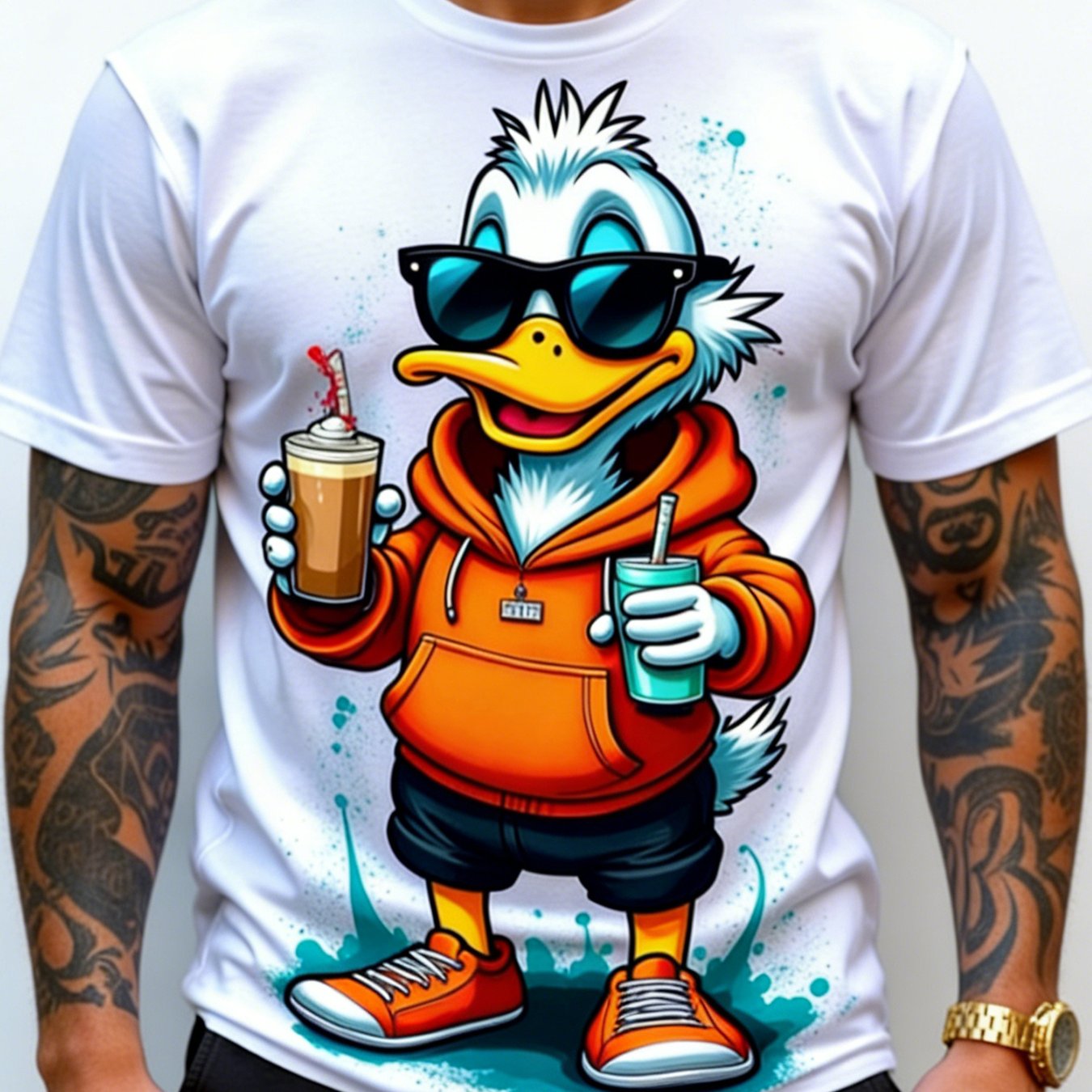 TEMU Duck Print T-shirt - Duck Short Sleeve Round Neck Casual Streetwear Top With Duck, Machine Washable Suitable For Daily Outfits, Spring Summer
