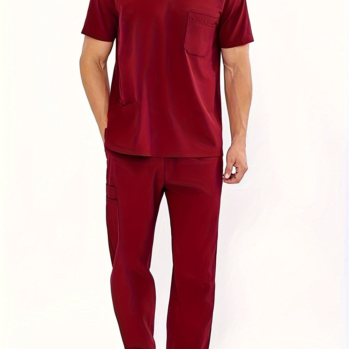 TEMU Men's Summer V-neck 4-pocket Professional Practical Workwear Set, , Regular Fit, Formal Style, Daily Wear