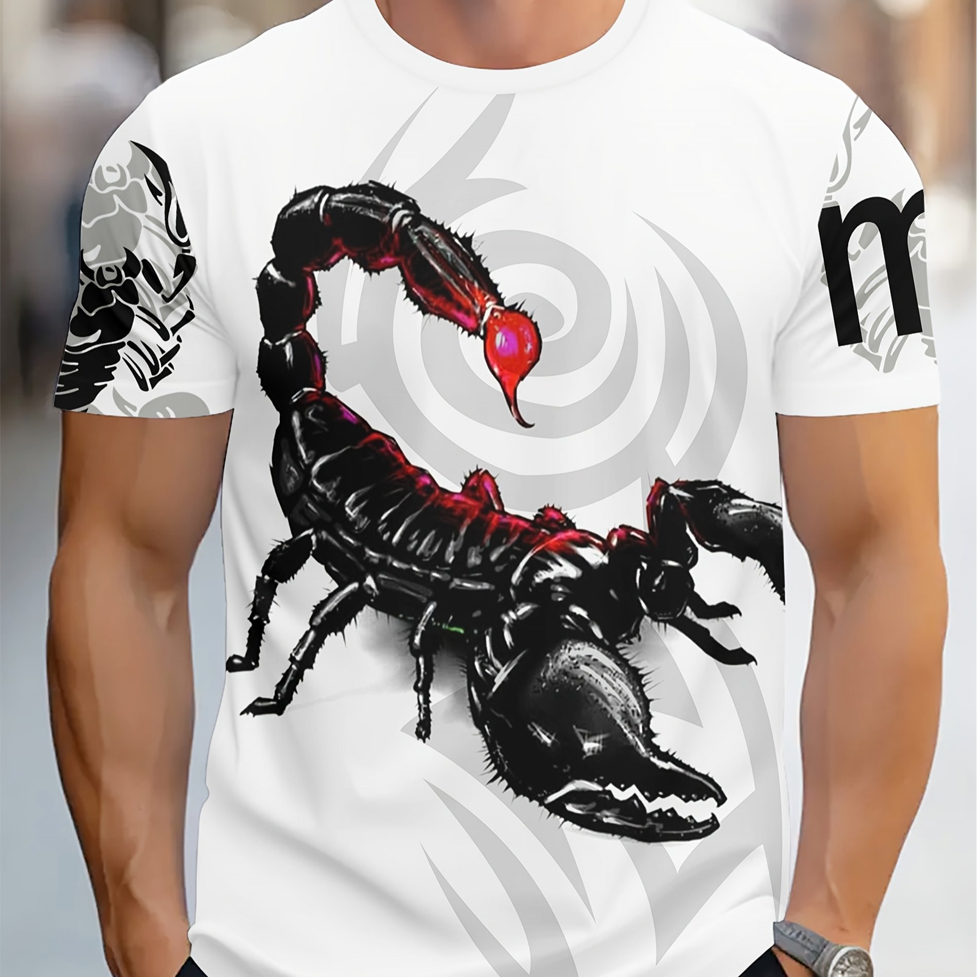 TEMU Men's Graphic T-shirt - White Short-sleeve Tee With Black And Red Accents - Lightweight Summer Top - Style Ideal Boyfriend Gift - Machine