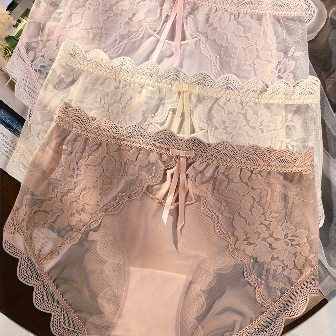 Image of 3pcs French Pure Sexy Lace Panties Women's Ice Thin Comfortable Breathable Elegant Bow Shorts Head