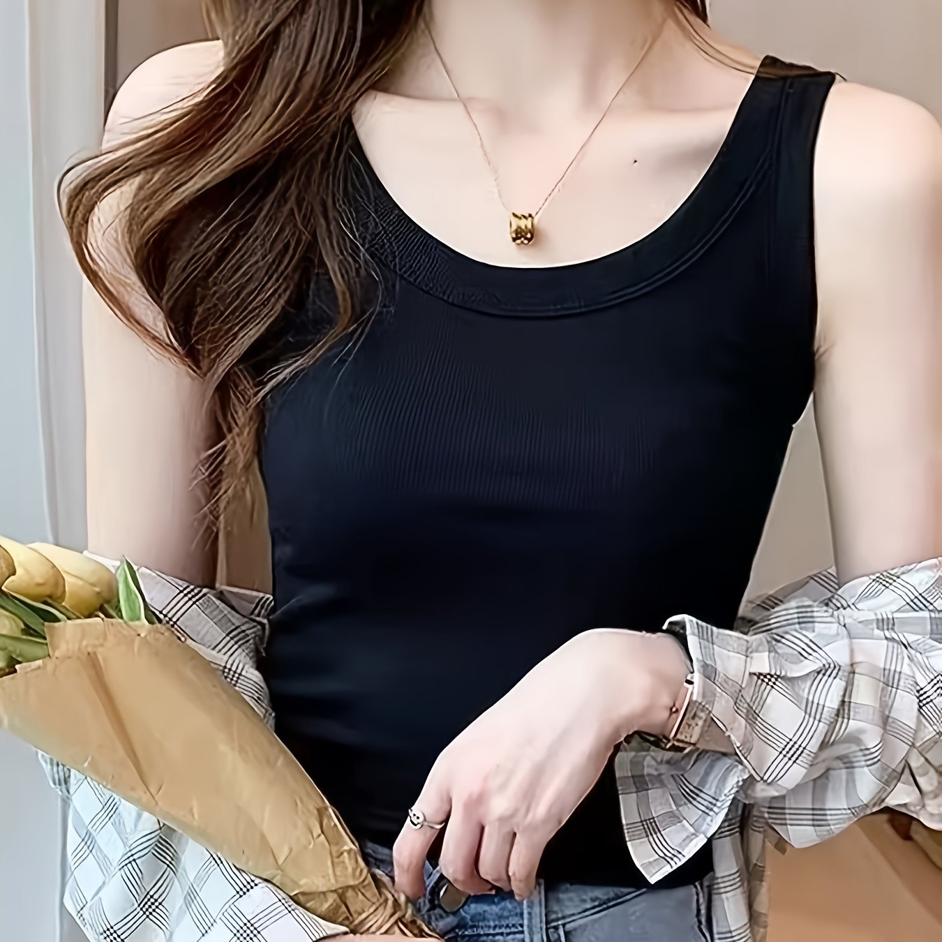 TEMU Summer Tanks Women New Summer Solid Top Sleeveless Casual Vest Camisole Tees Top Sling Woman Summer Basic Elastic Tank Top Neck Solid Tank Top