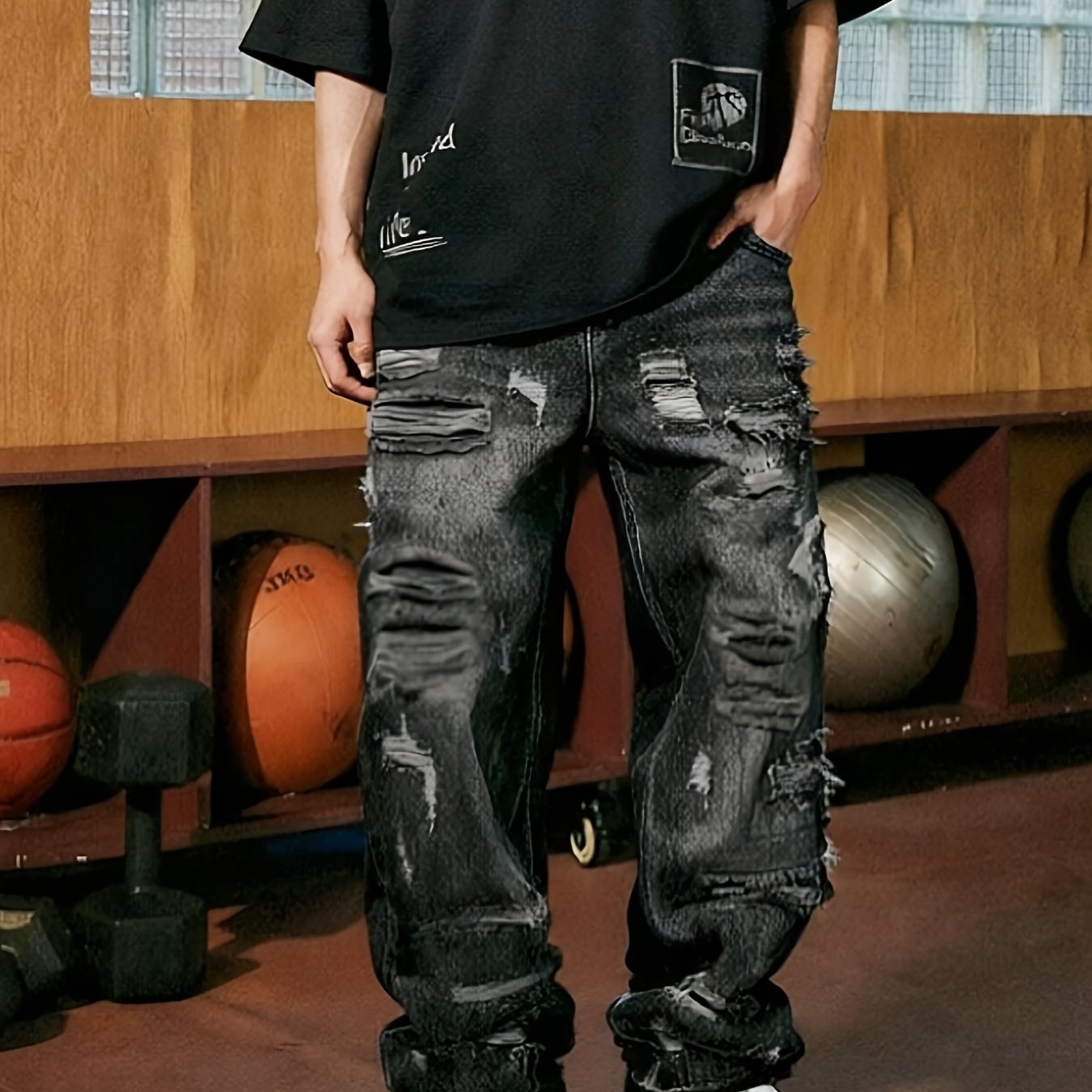 TEMU American-style Streetwear Washed Distressed Ripped Jeans For Men, Loose Straight-leg Wide-leg Pants, Trendy Instagram Street Retro Slimming
