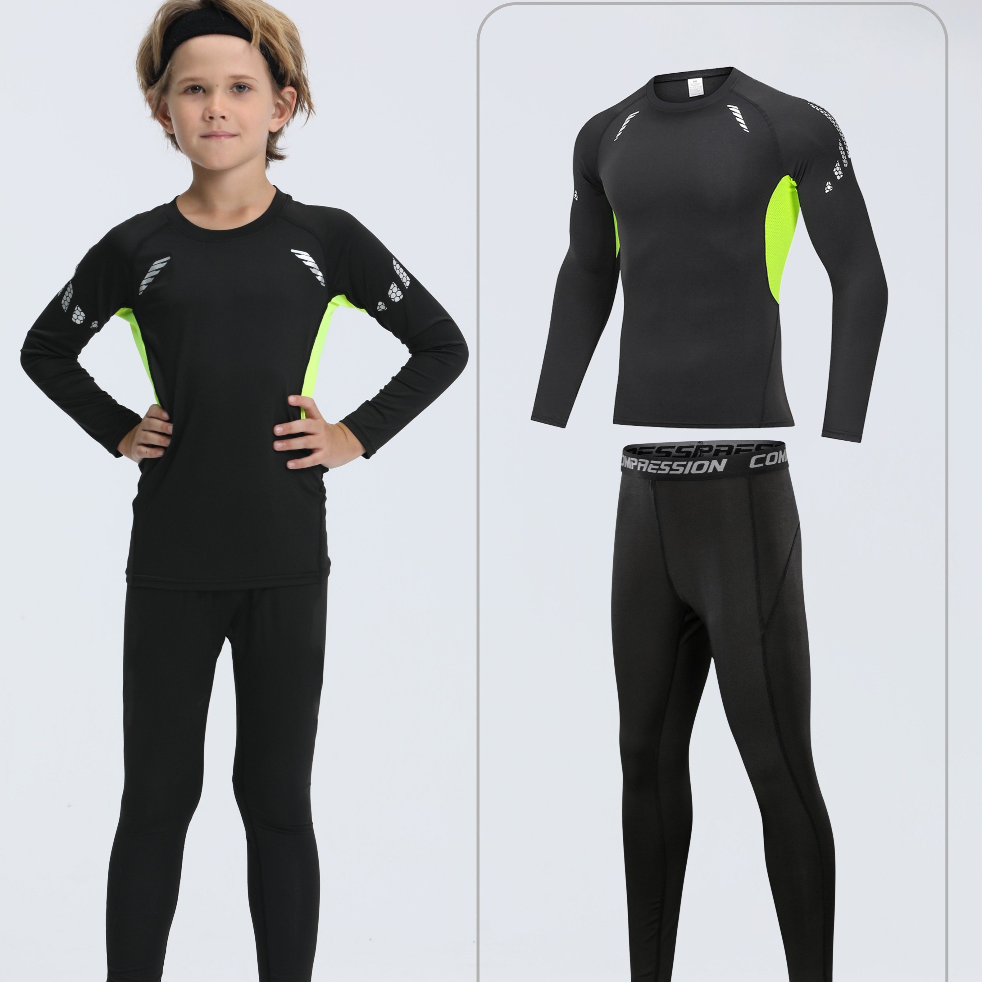 Image of Boys' Quick-dry Athletic Set - 2pcs Long Sleeve Top & Leggings, Striped, Perfect For Soccer & Basketball Training, Basketball Practice Gear, Perfect For Outdoor
