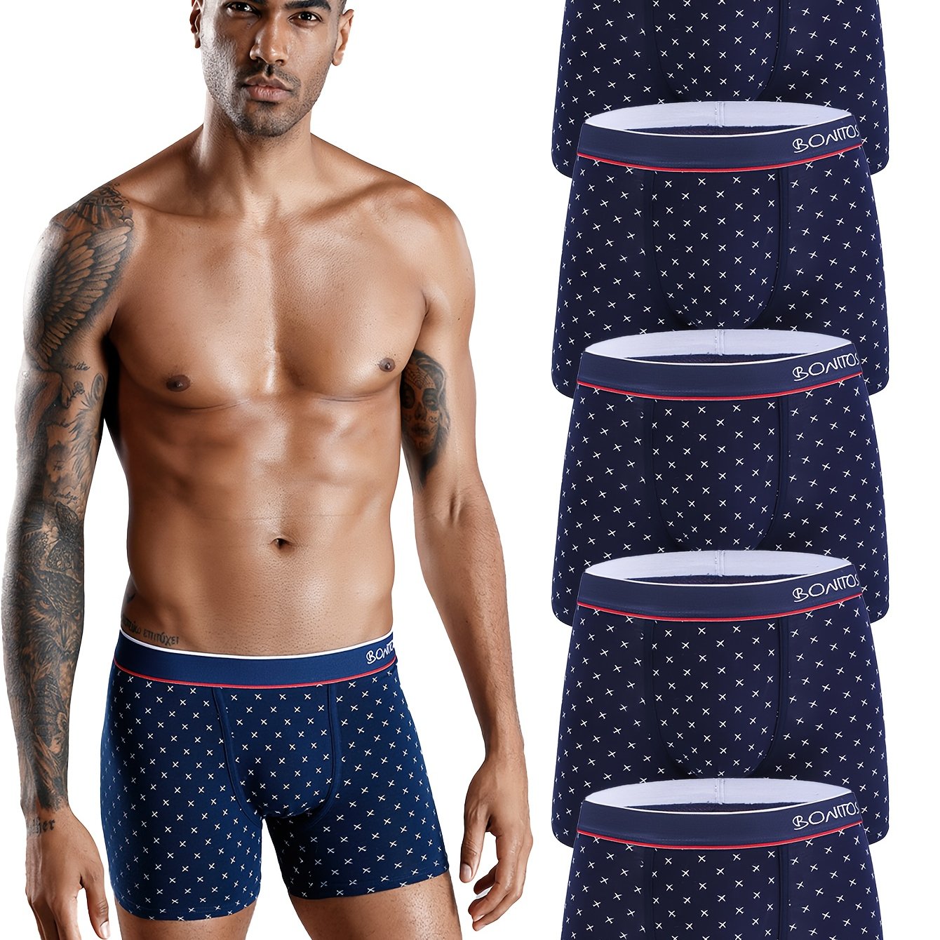 Image of 5pcs Sexy Men's Boxer Briefs Set - Navy Blue With White Polka Dot Print, Medium Stretch, Fit Underwear For Casual Attire, Perfect Gift For Him, Everyday Underwear | Stylish Boxers | , Boxer Shorts