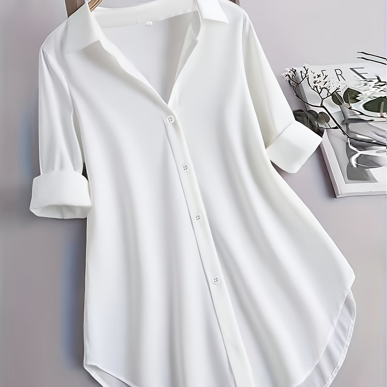 TEMU Plus Size, New Plus Size Elegant Fashion Solid Color Midi Collared Long Sleeve Women's Shirt For , Machine Washable