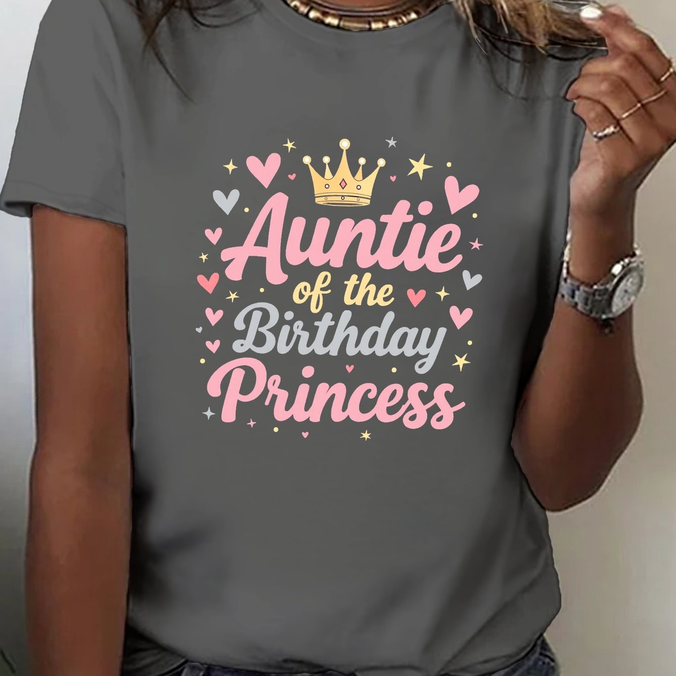 TEMU Women's "auntie Of The Birthday Princess" Graphic T-shirt - Short Sleeve Crew Neck Casual Top With Hearts & Stars Print, Medium Stretch, Machine