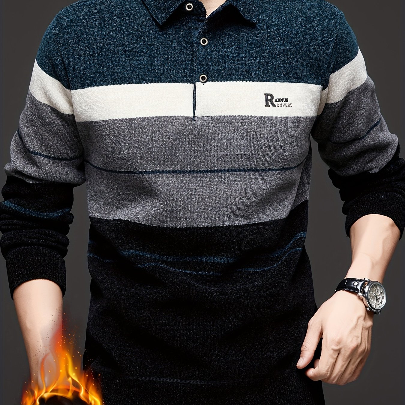 TEMU Men's Autumn And Winter -lined Thickened Turn- Collar Shirt Button Knitwear, Suitable For Outdoor Activities, Traveling Outdoors, Office Daily