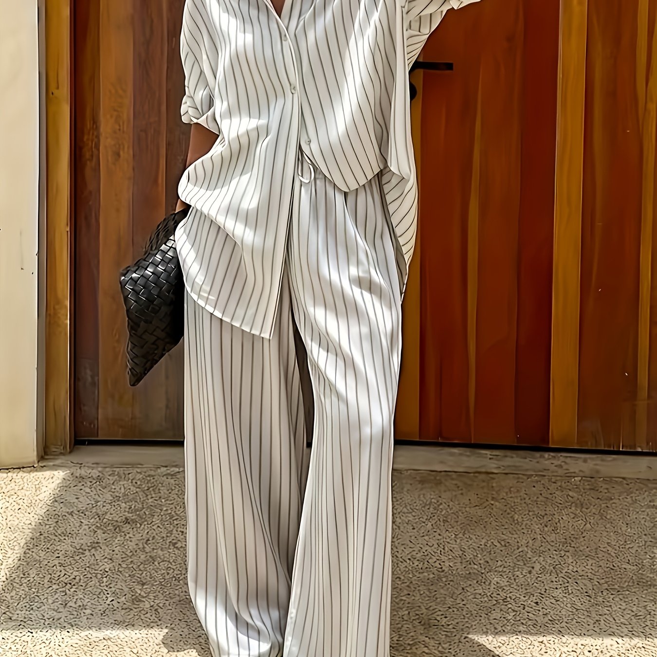 TEMU Striped Loose- With A Draped Feel, A Casual And -back Vibe. The Relaxed Silhouette And Striped Pattern A Sophisticated Texture, Perfect For A