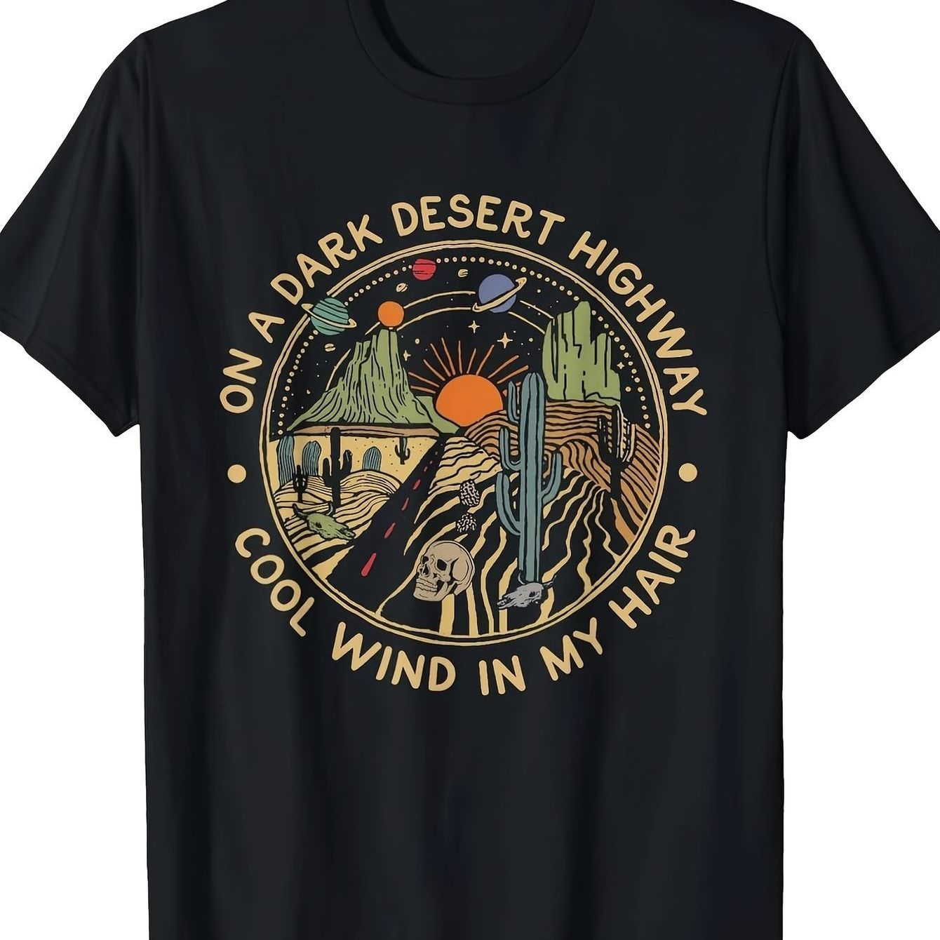 TEMU Men's Graphic Tee - With Cactus, Sun, Rocks & On A Highway Text - Breathable 100% Shirt For Road Trips, Music Festivals, Everyday Casual Wear -