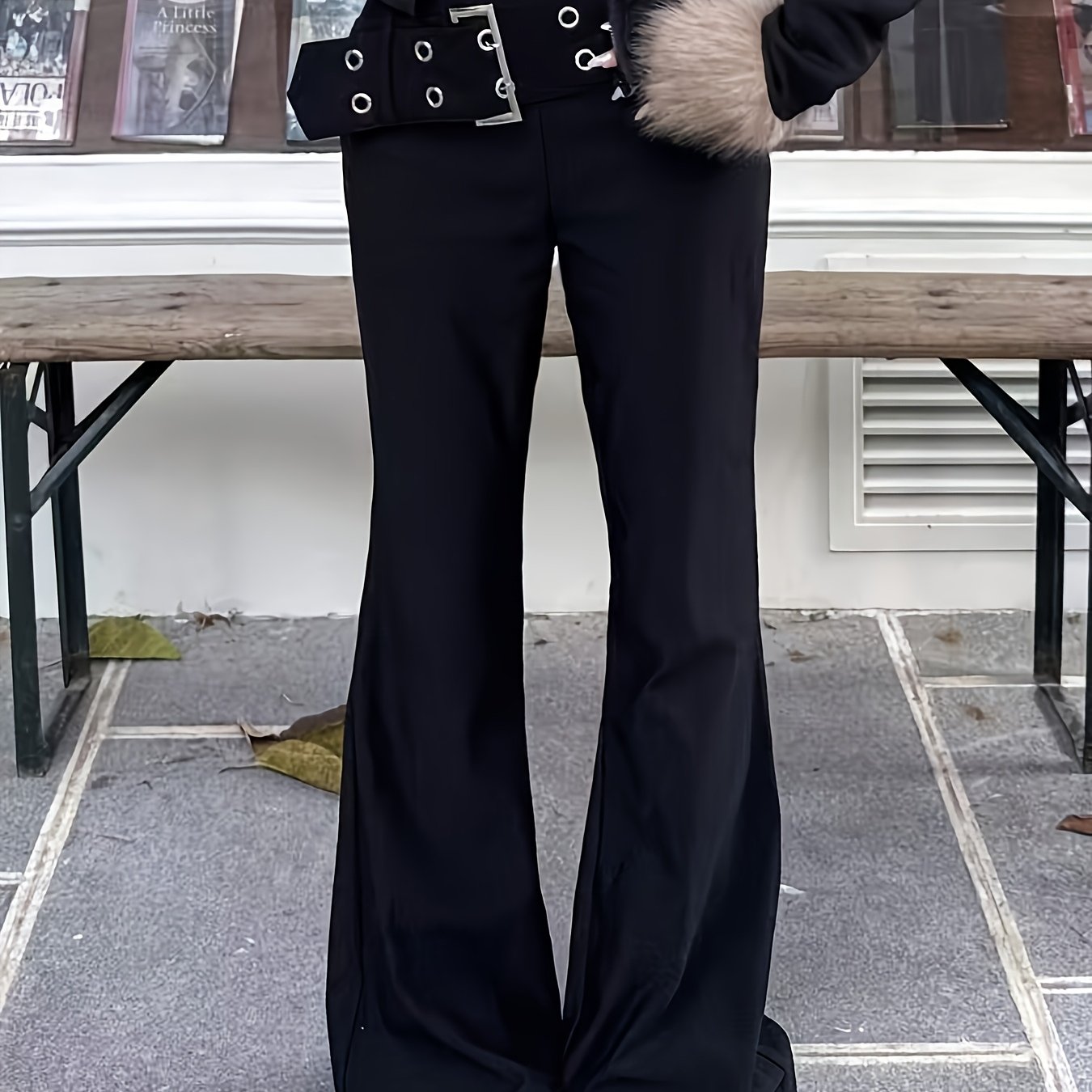 TEMU New Heavy-duty Belted Eyelet Slim-fit Flared Trousers
