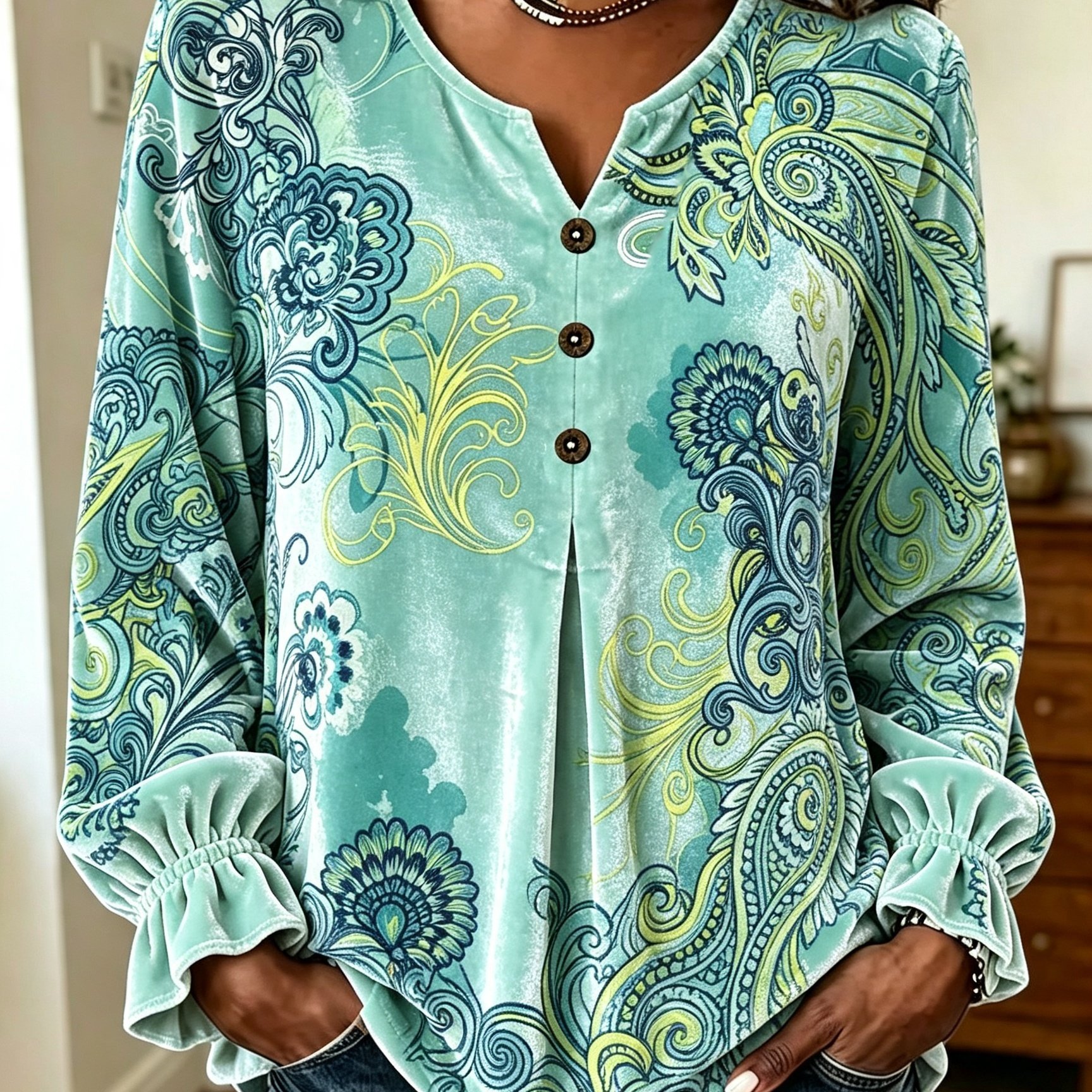 Image of Plus Size, Autumn, Plus Size Ladies, Paisley Printed Velvet Long Sleeve Pullover, Small V-neck Decorative Button For Lotus Leaf Closed Sleeve Casual Top
