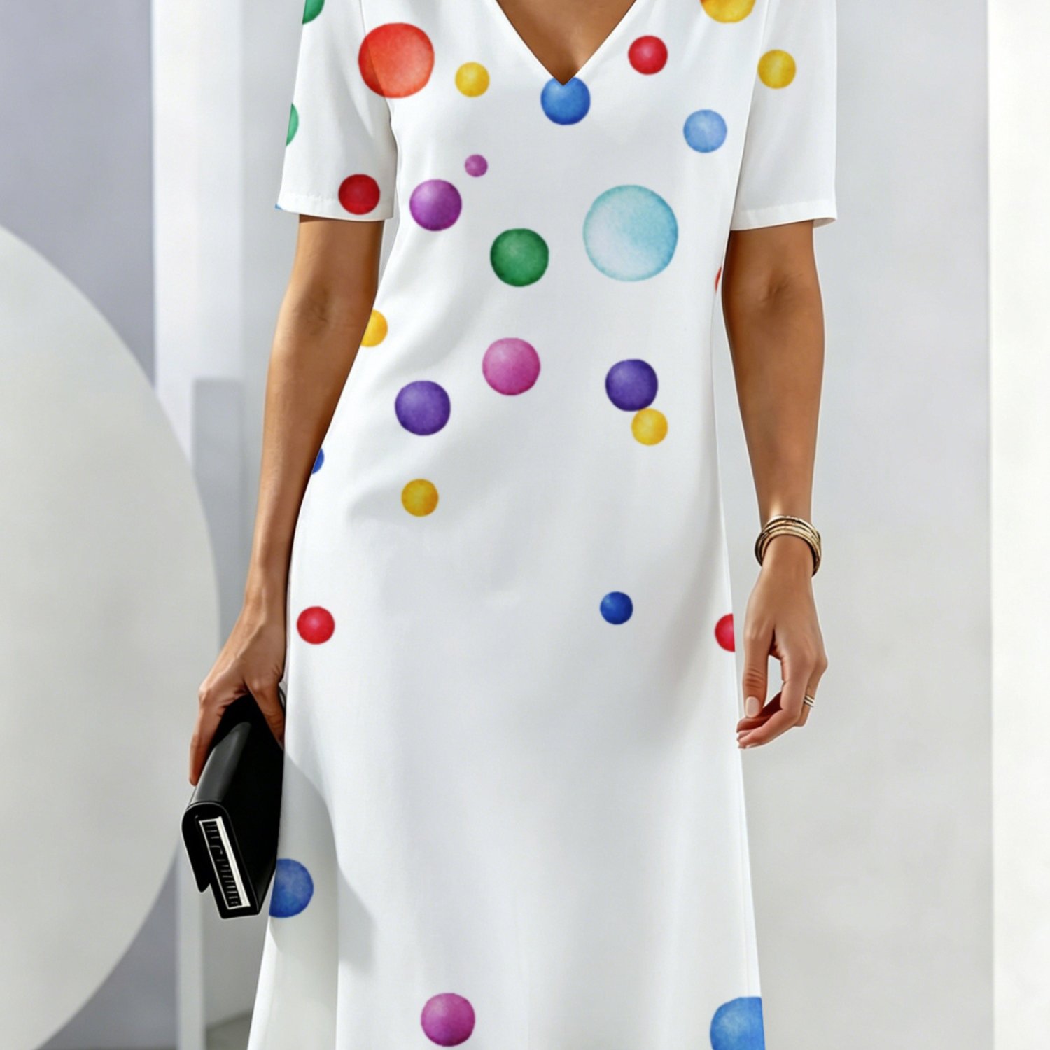 Image of Women's Summer Dresses Colorful Polka Dots Pattern Print Breathable And Comfortable Summer Wear Cool And Breathable For Her Deep V-neck