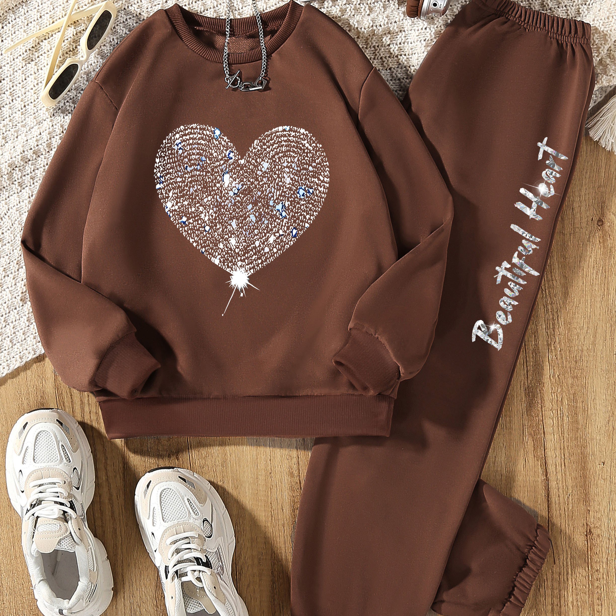 Image of P5359(g7) Sparkling Love 's Round Neck Long Sleeve Suit Two-piece Set, Perfect For Outdoor