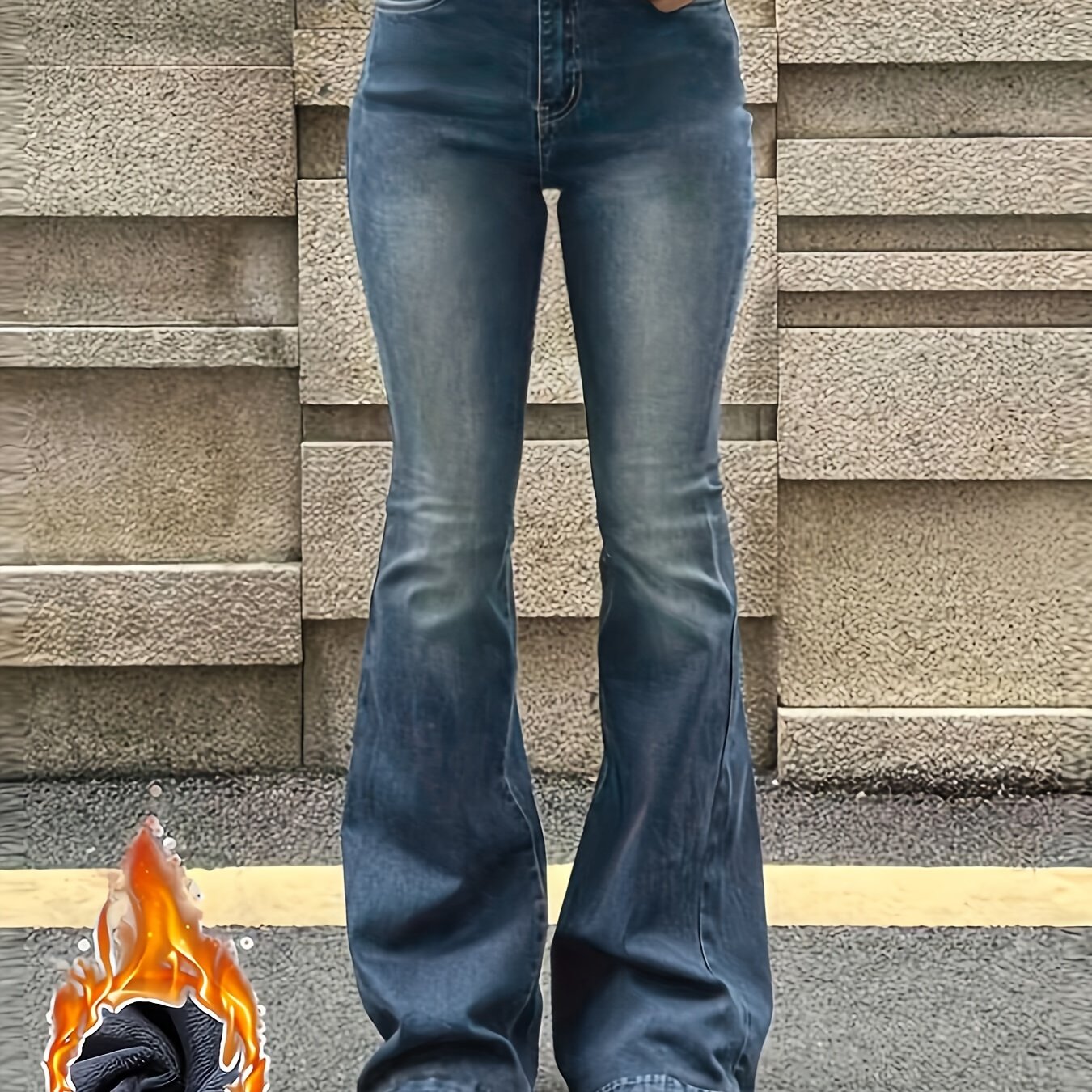 Fleece Liner Casual Flare Jeans Slant Pockets High Stretch - Temu