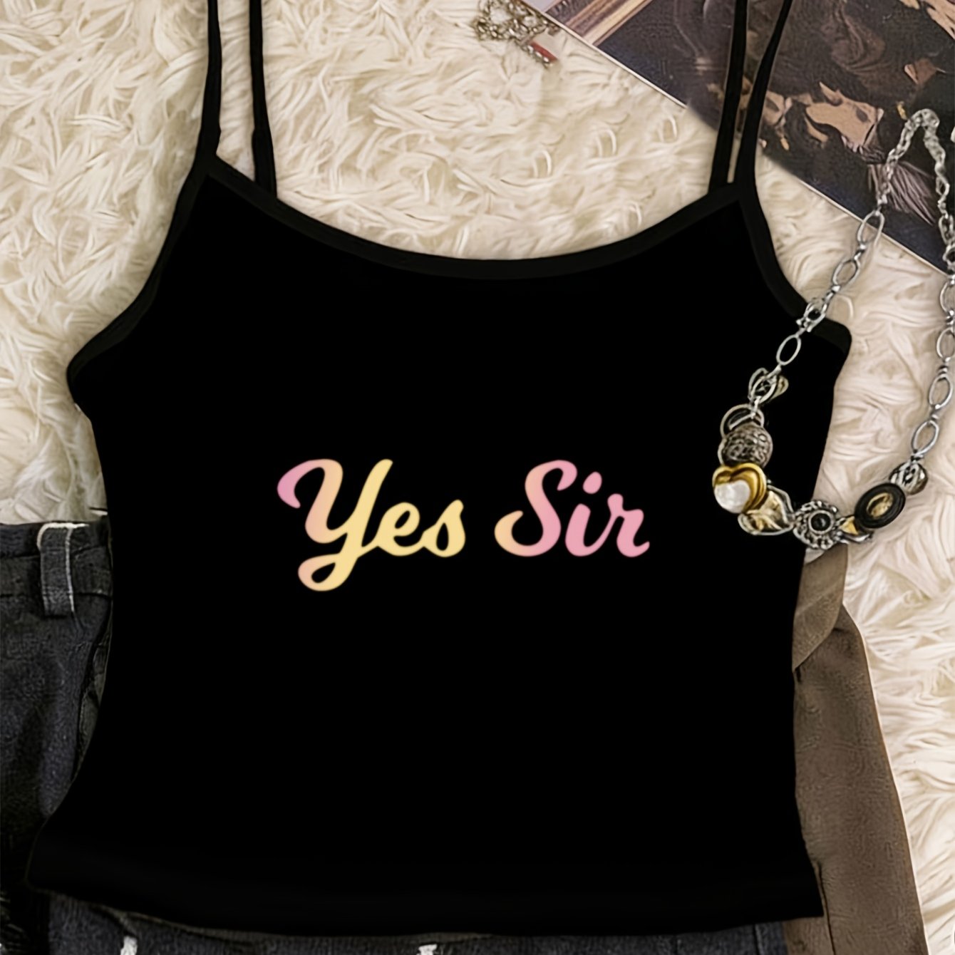 TEMU Sweet And Cool Text Mini Camisole Top With "yes Sir" Handwritten English Print, Mini Camisole, Layering Top For Home, Outerwear, Shopping, And