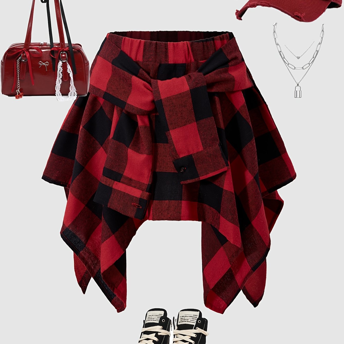 Girls' Black And Red Woven Checkered Fashion Mini Skirt