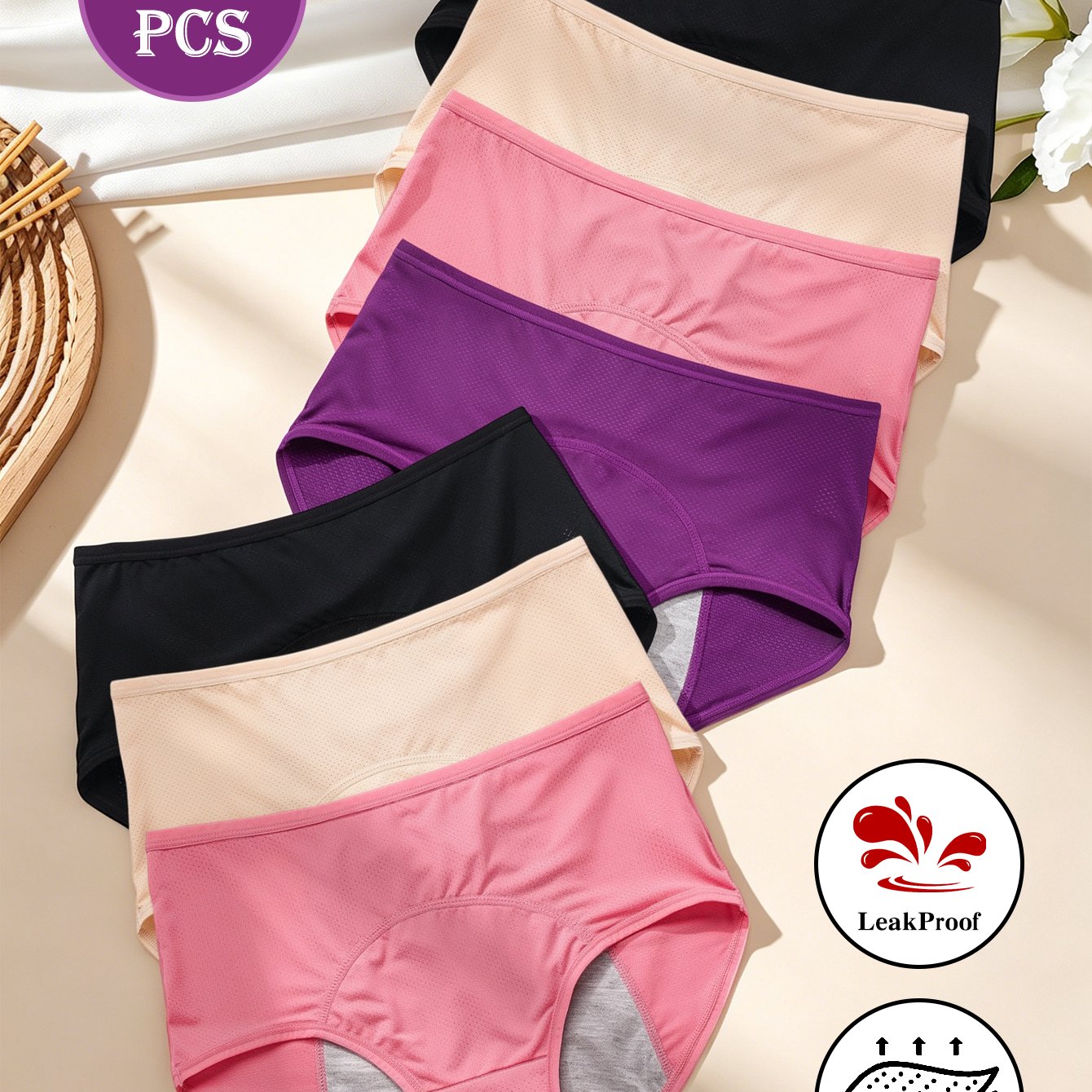 TEMU 7pcs Women's Leakproof Period Panties - High Elasticity Breathable Mesh Underwear, Triple-layered Tummy Control Suitable For , Plus Size