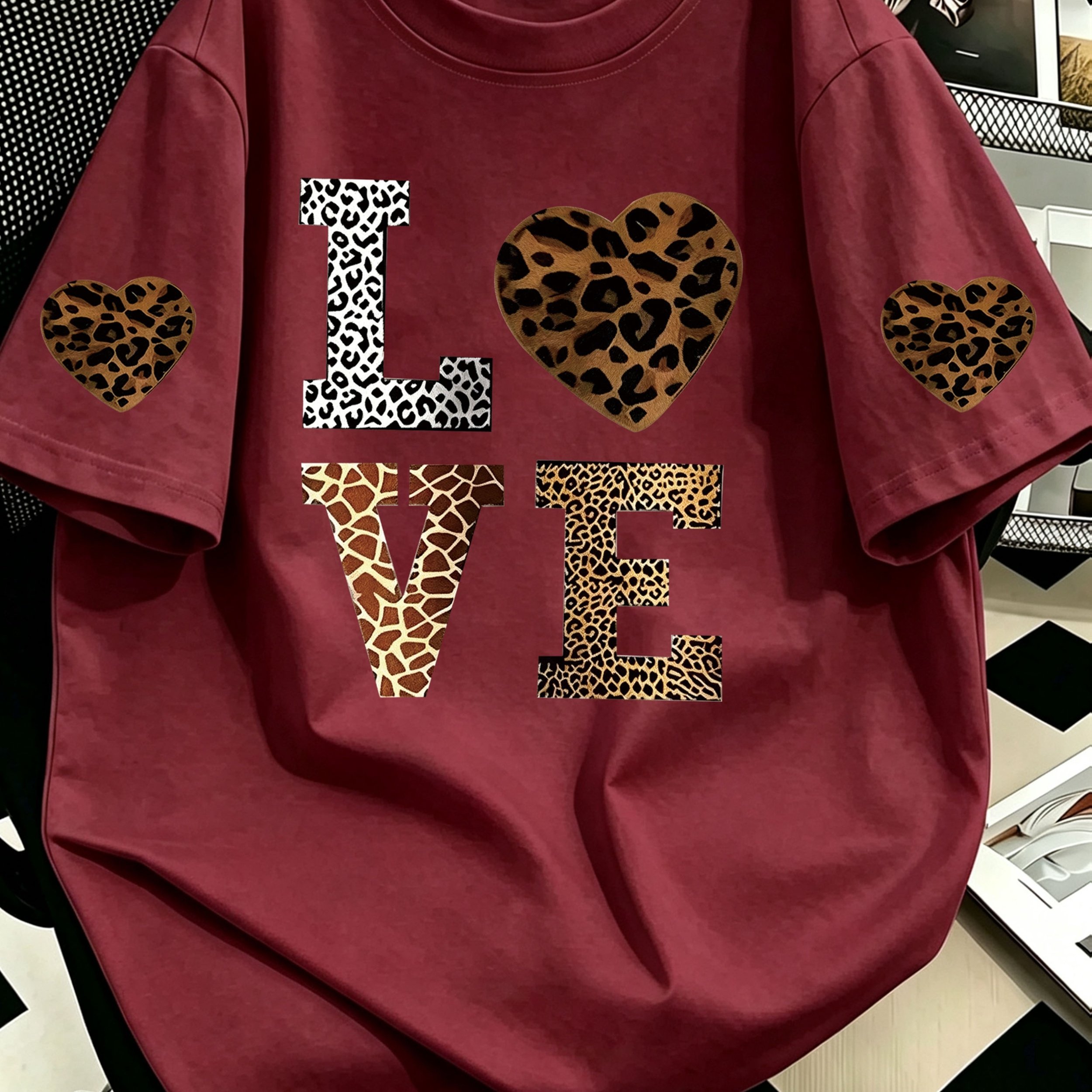 TEMU Plus Size, Women's Plus-size Oversized Short-sleeve T-shirt - Leopard Print & Lettering Round Neck Blouse-compatible Top | Non-sheer Casual