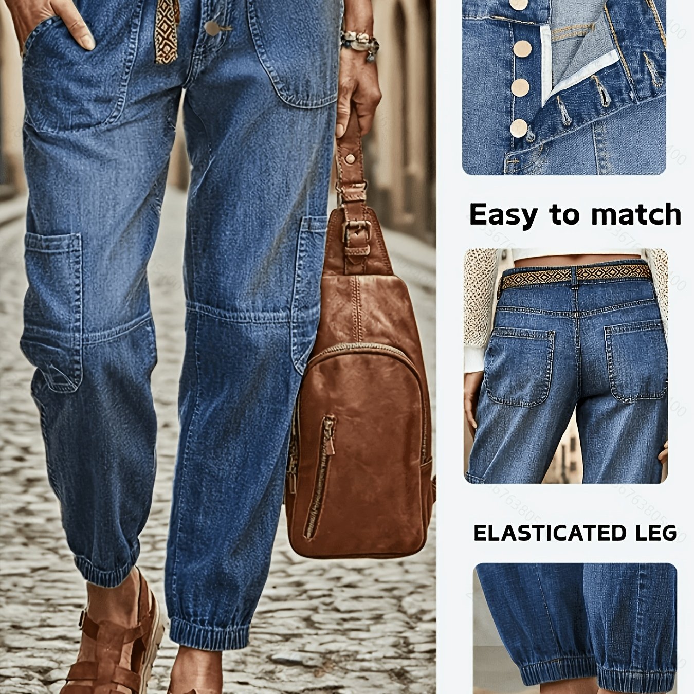 Women's Stretch Multi-pocket Cargo Jeans, , Suitable For , Perfect For Casual Daily Wear