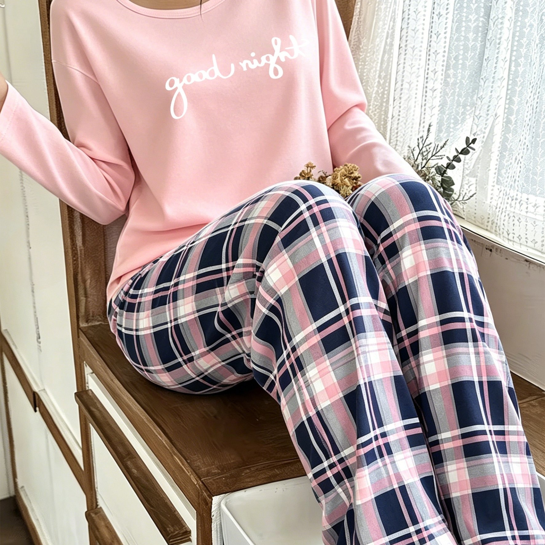 TEMU Women's Casual Winter "" Letter Print Long Sleeve Pink Contrast Color Pants Pajama Set