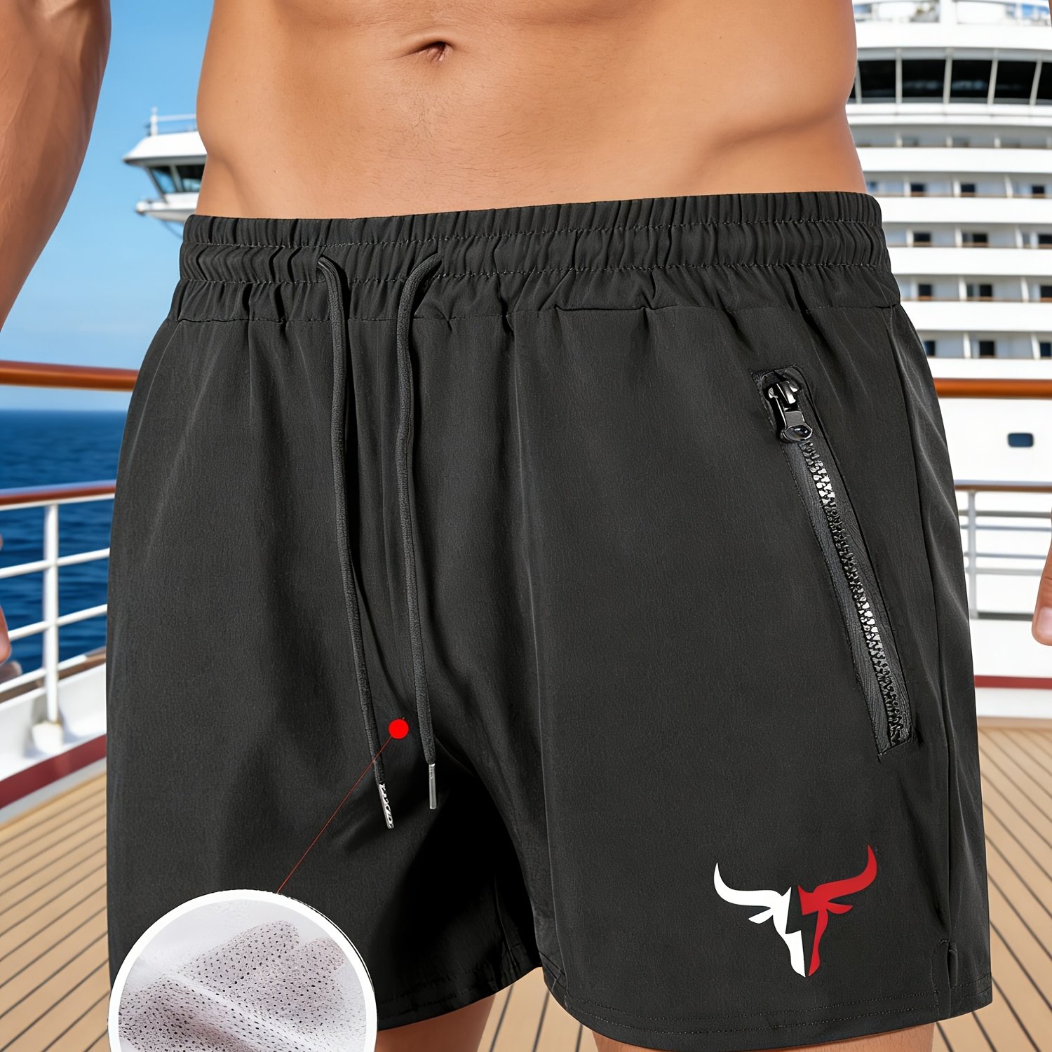 E-shop Sportliche Herren-Shorts mit Stierkopf-Print. Diese Strand- und Badeshorts haben einen elastischen Bund mit Kordelzug, Dual-Zip- an den Seiten