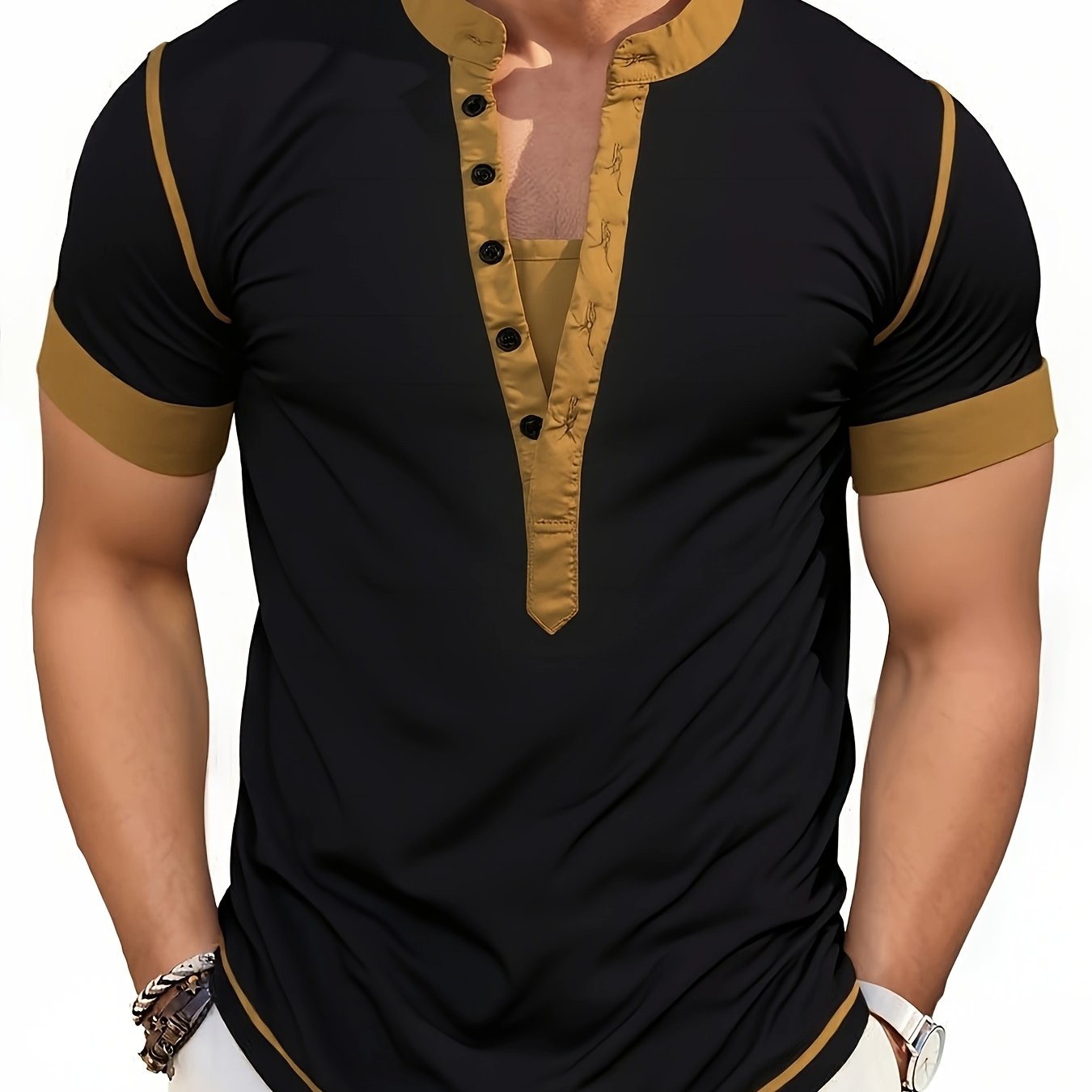Image of Plus Size Men's Henry Shirt T-shirt - Black With Golden Accents, V-neck Short Sleeve, Button Detail, Regular Fit For Summer Streetwear & Vacation Essentials, T-shirt Stylish, Plus Size