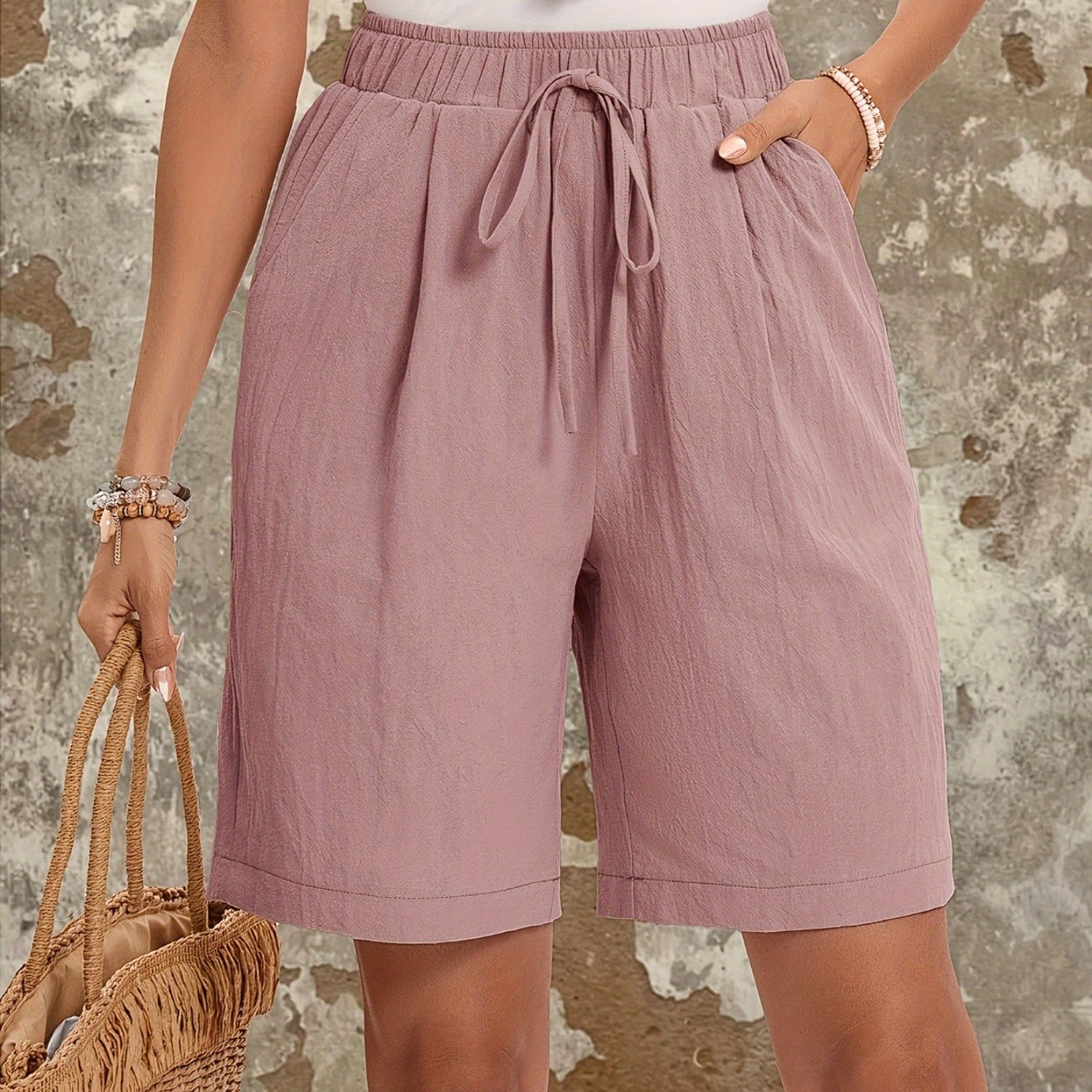 E-shop Plus Size - Plus Size - Einfarbige Shorts mit elastischem Bund und schräger Tasche, Damen Sommer Shorts, Bequeme Shorts