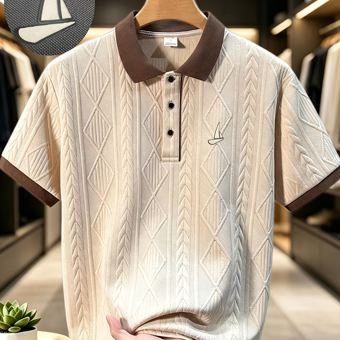 TEMU 999, Father's Day , High-quality Men's Short Sleeve Collared Golf Shirt, 3d Embroidered Sailboat Pattern, Textured Striped Fabric, Soft And