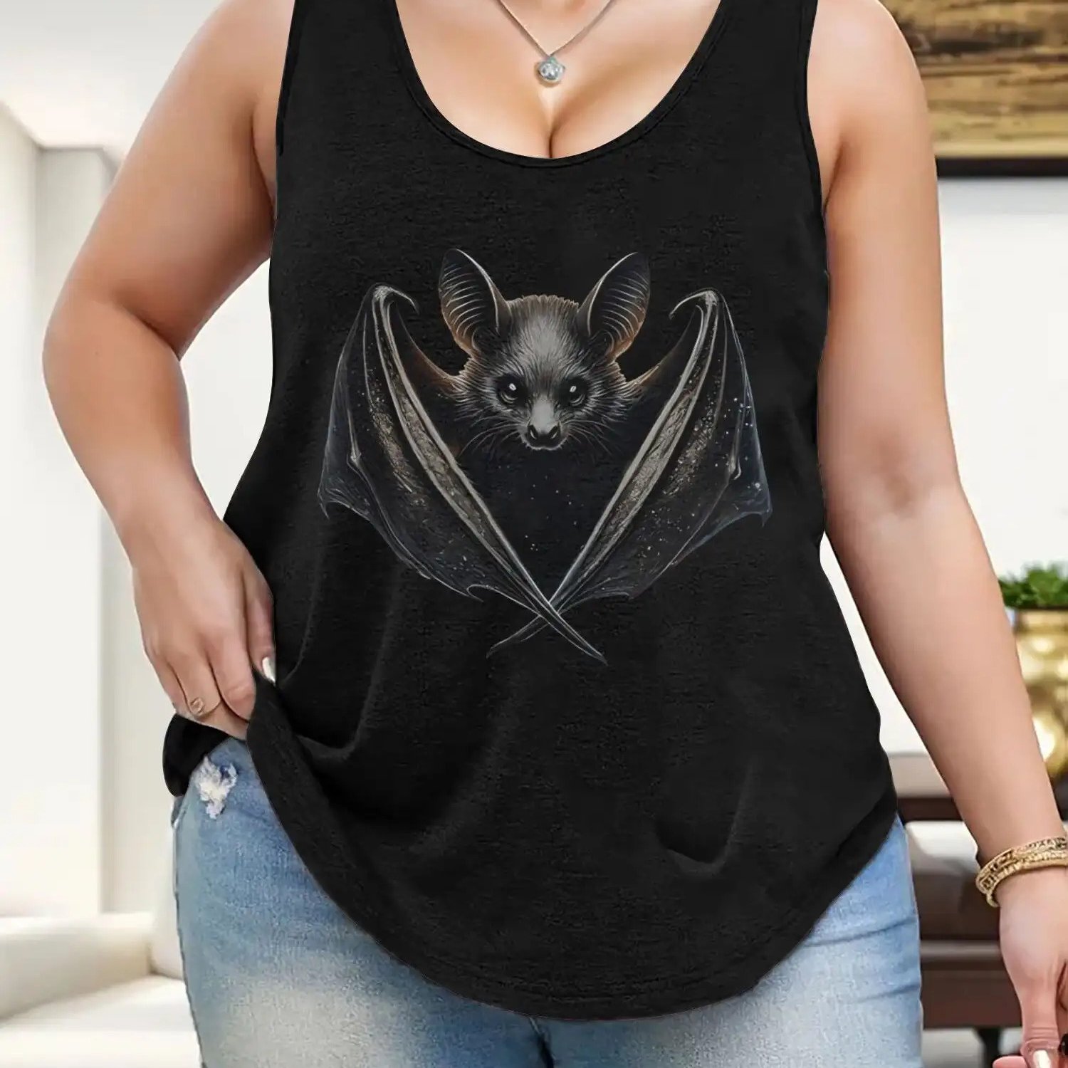 Plus Size - Plus Size - Plus Size Women's Sleeveless Tank Top - Pink Bat Print, Round Neck, Casual Summer Shirt, 95%, Machine Washable, Lightweight And , Women's Tank Top