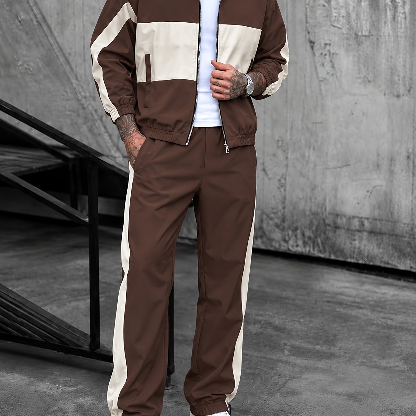 TEMU 2-piece Set, Men's /autumn Set, Color-block Spliced Zipper Shirt Jacket And Long Pants 2pcs Set, Trendy Fashionable Casual Streetwear Business