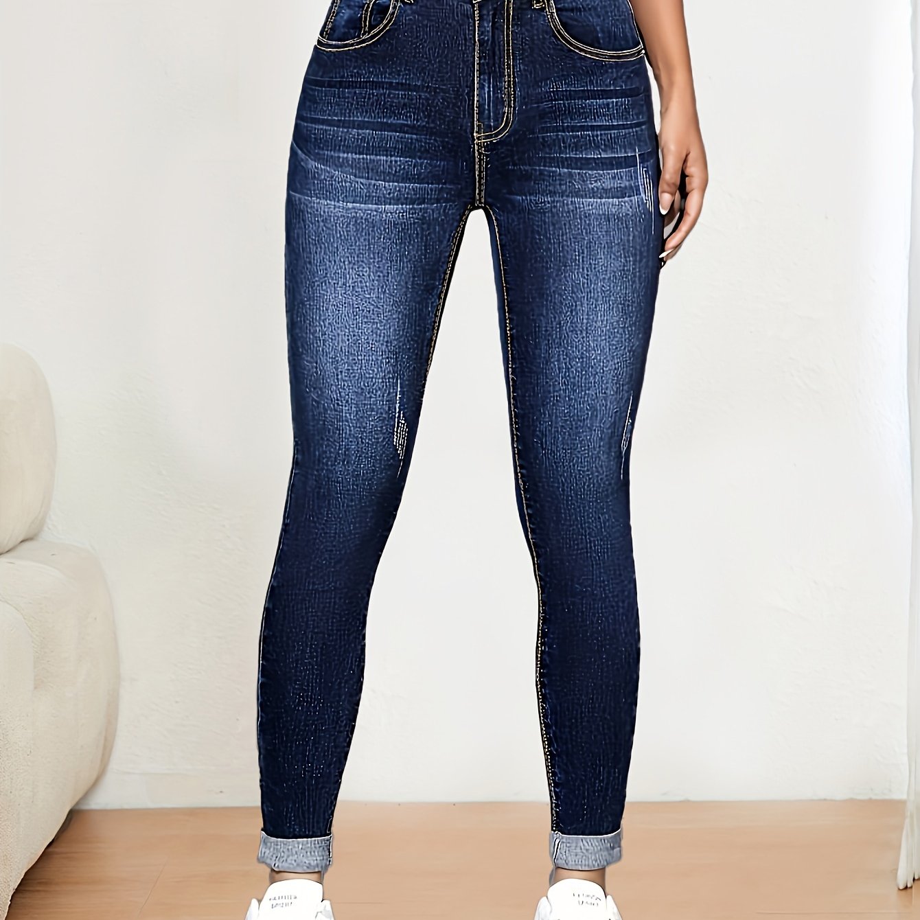 Image of Women's High-waist Stretch Skinny Jeans - Versatile Blue Denim With Slash Pockets, Comfortable & Stylish For Casual Attire, Yearround Jeans | Versatile Fashion | Glossy Finish Denim