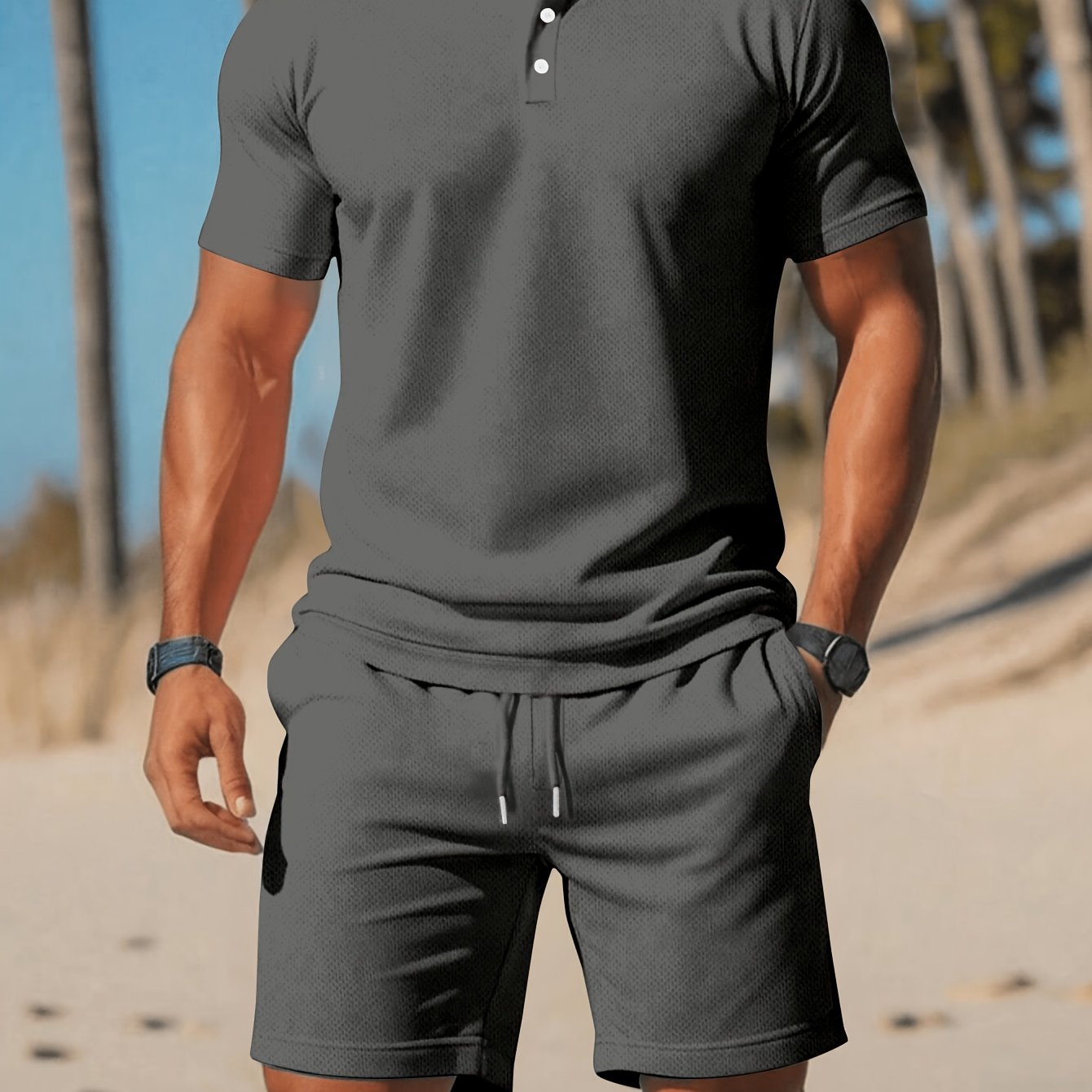 Image of Men' Color Short Sleeve Shirt With Drawstring Shorts, Summer Business Casual T-shirt And Shorts Set, Suitable For Daily Leisure And Vacation