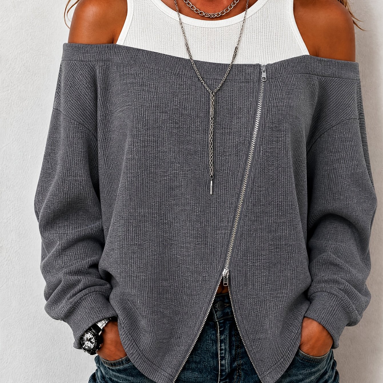 TEMU Plus Size - Zielgerichtete Entwicklung Cross-Border Fashion -Block Patchwork Zipper Plus Size Sweatshirt