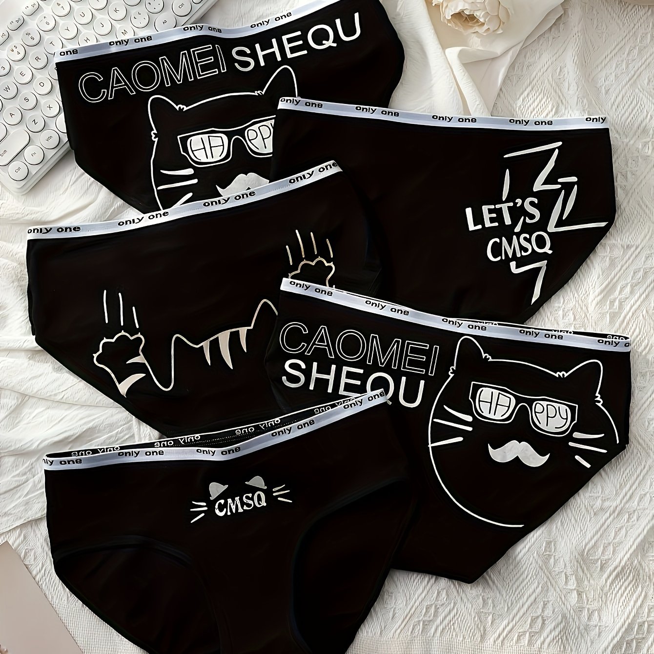Image of Set Of 5 Mixed Color Cute Cat Print Women's Briefs, Featuring A Stylish Waistband, Breathable And Comfortable Full Coverage Panties