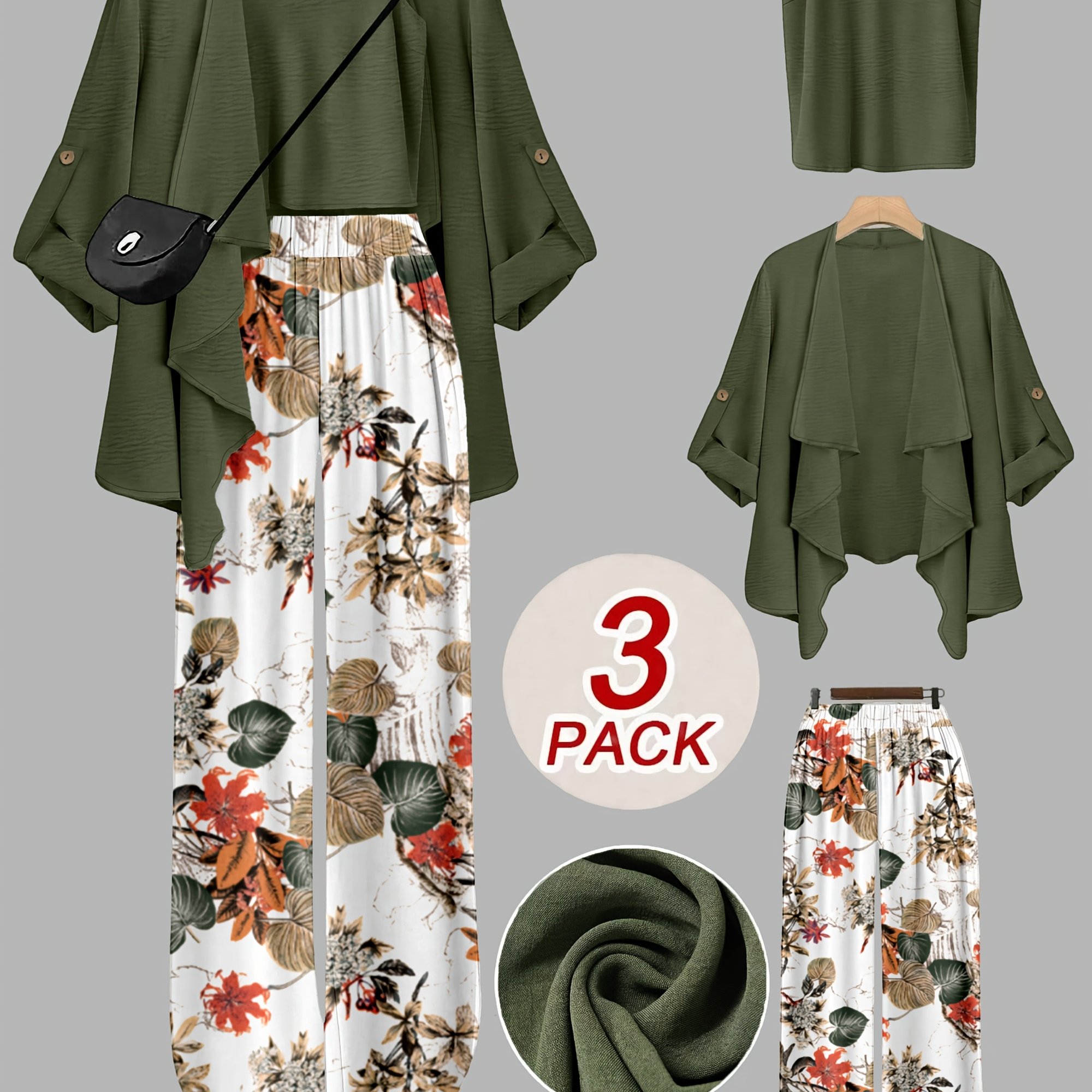 A Women's Fashionable And Set Featuring A Chiffon Shawl And Inner Strappy Printed Pants, A Daily Casual 3pcs Set