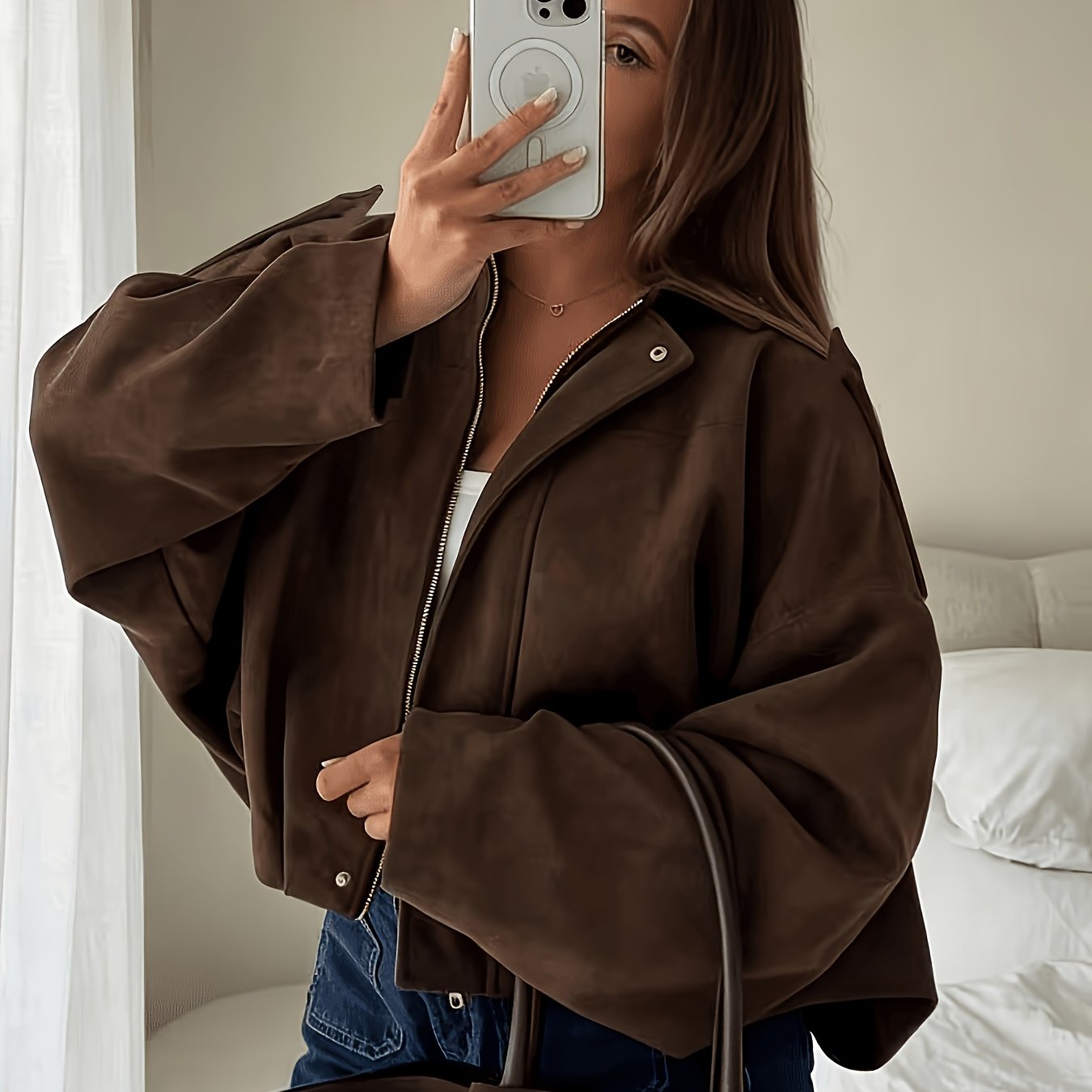 TEMU Women's New Solid -shoulder Loose Jacket, Fashionable Vintage Design Lapel Zipper