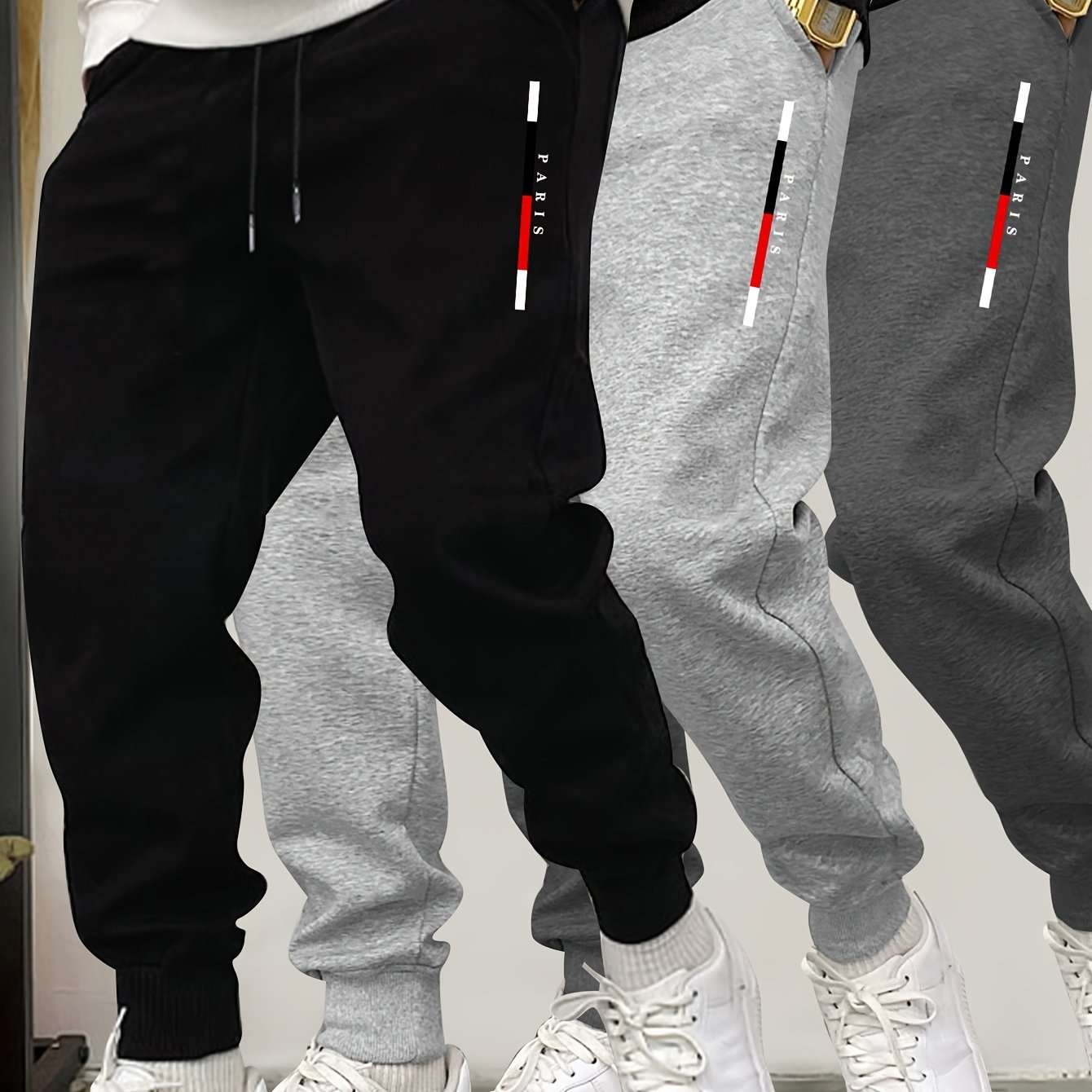 TEMU Set Of 3 Men's Pants With Elastic Waistband, Drawstring, Ribbed Cuffs, Casual Sports Joggers, Long Trousers For Men