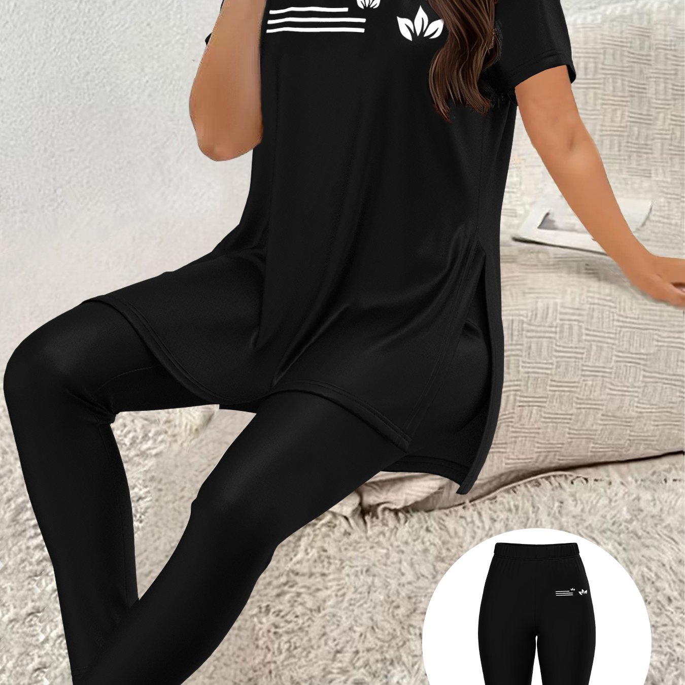 TEMU A Set Of Casual Short-sleeve Tops With Prints For Women, With Fitted Pants Made From Stretchy Material, Featuring Standard Sleeves
