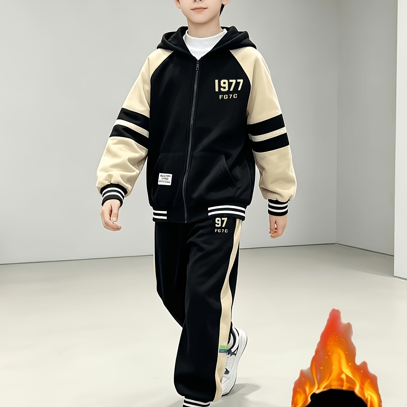 Image of Boys' 2pcss Set, Mid-big Kids Autumn Winter Fleece-lined Thick Warm Comfortable Hooded Cardigan Top And Fleece-lined Tapered Pants 2pcss Set, For Outdoor