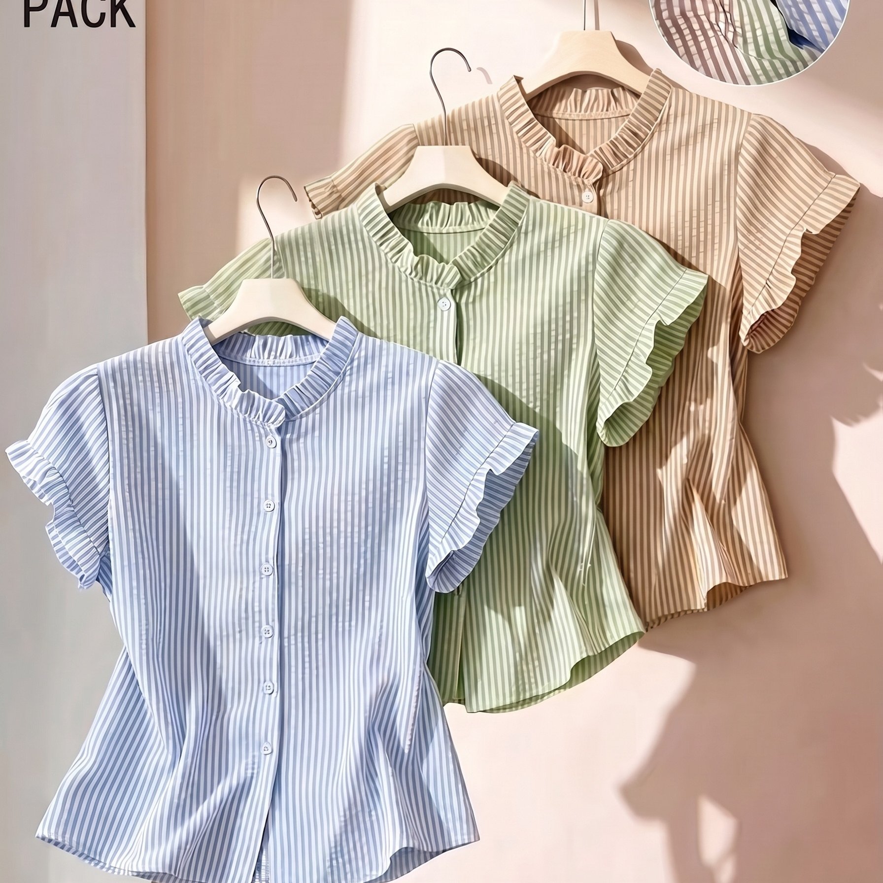 TEMU 3pcs Set Summer Women's Collar Short Sleeve Single Button Striped Shirt