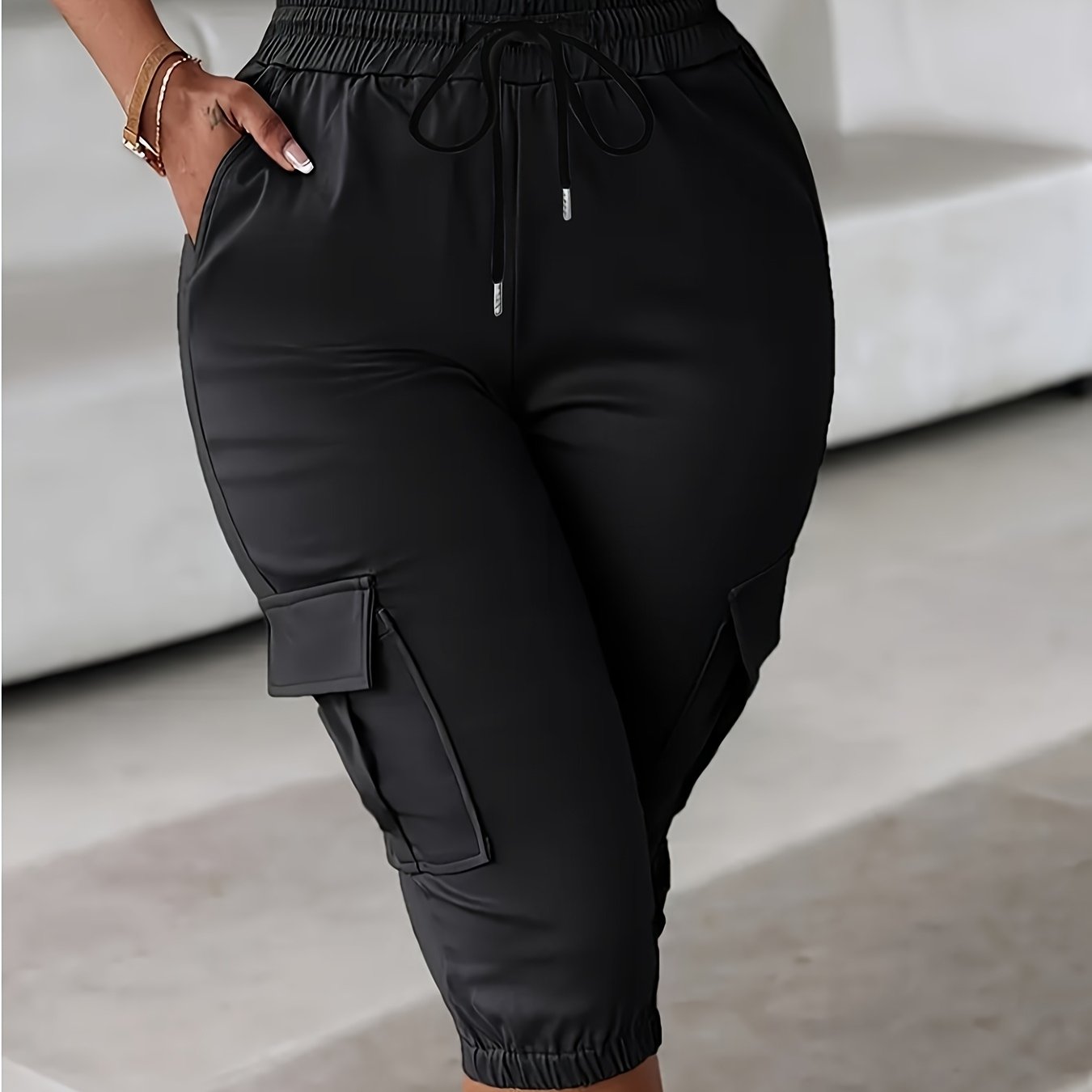 TEMU Women' Color Casual Sporty -eighth Pants With Side Cargo Pockets And Stretch Fabric