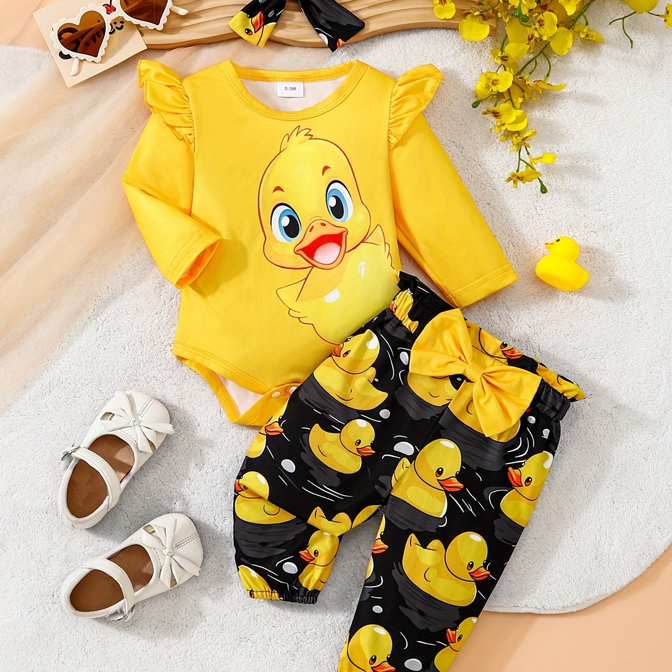 Image of Cute Top + Full Print Cartoon Pants Set + Headscarf Three-piece Set, For Outdoor, Newborn/toddler Necessities, Christmas, Halloween