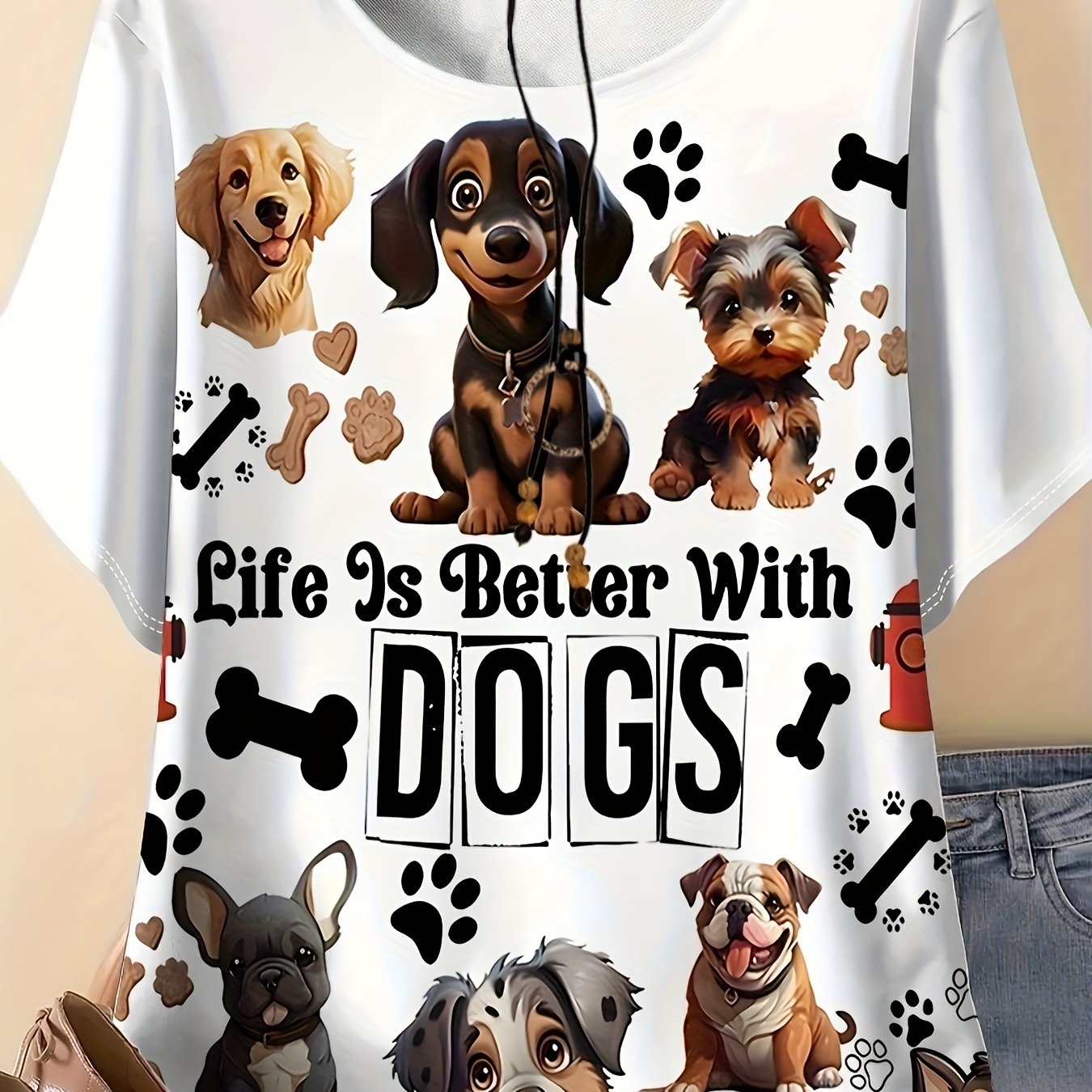TEMU Plus Size - Plus Size - Plus Size Women's T-shirt - Cute Cartoon Dog Print, " Better With Dogs" Design, Short-sleeved Summer Top, Outdoor Casual
