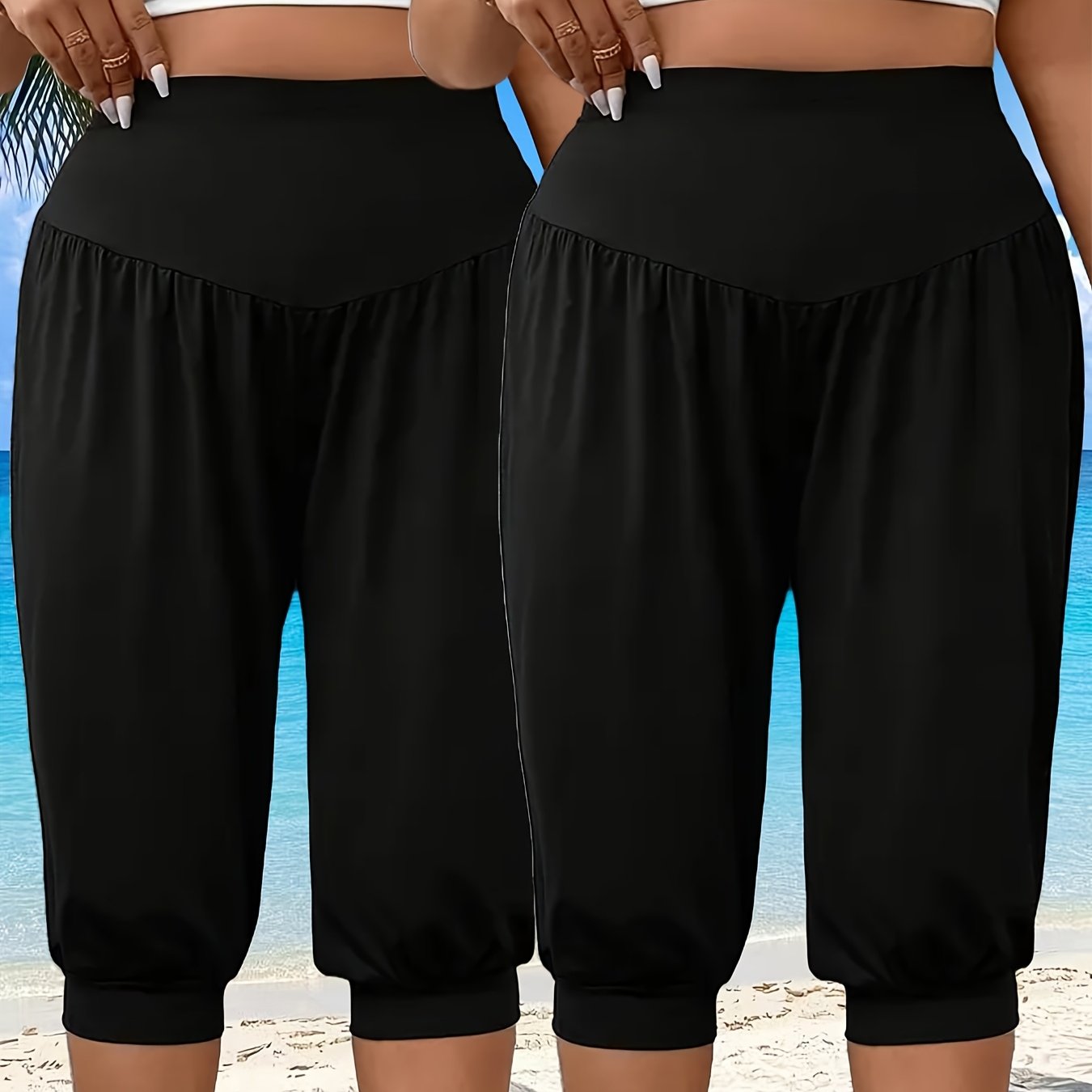 Plus Size, Plus Size Solid Color Loose Capri Joggers, Summer Casual High-waisted Capri Pants, Women's Plus Size Clothing