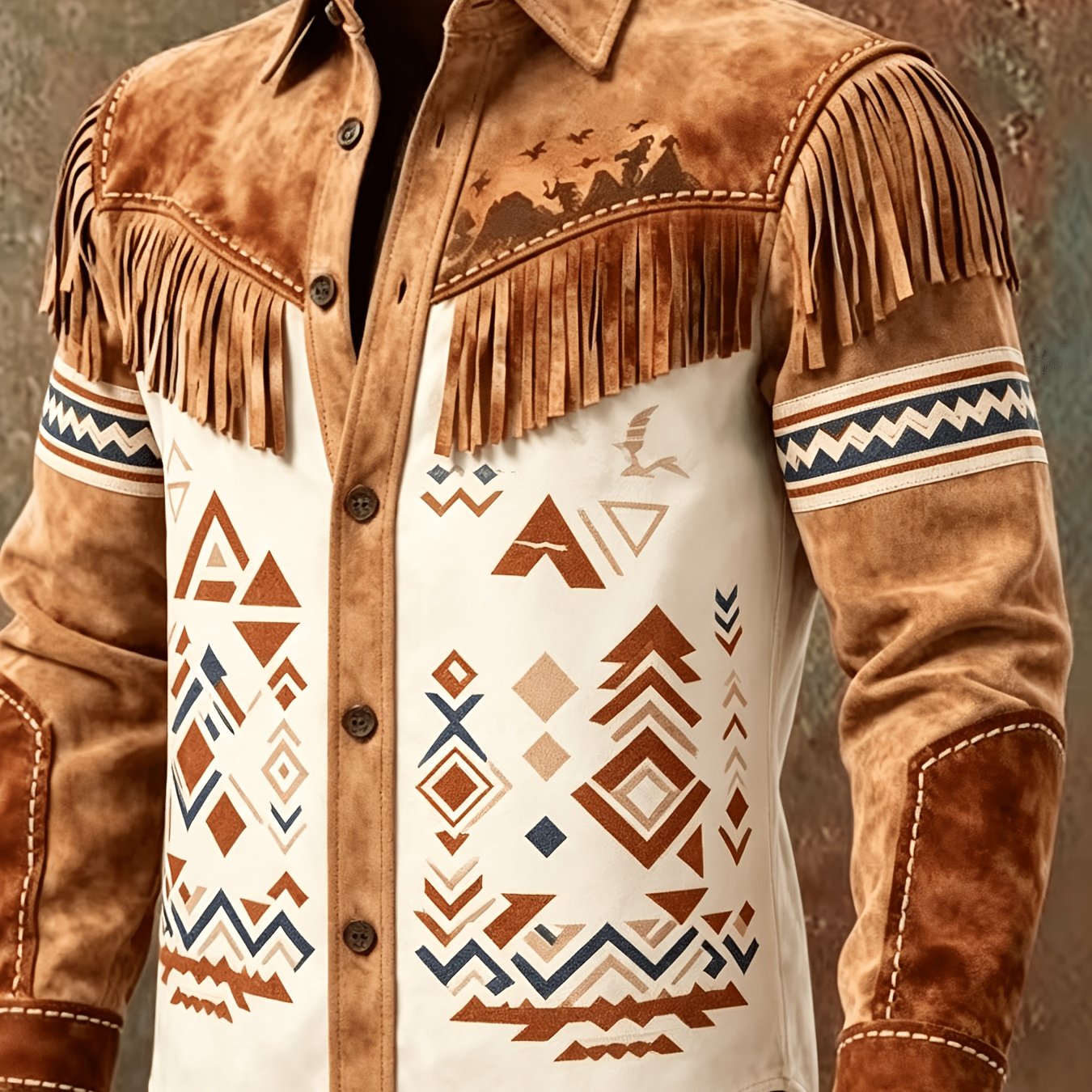 Image of Worn Camel Open-range Voyager Shirt Polyester Base With Faded Tribal Geometry Print And Shoulder Fringing