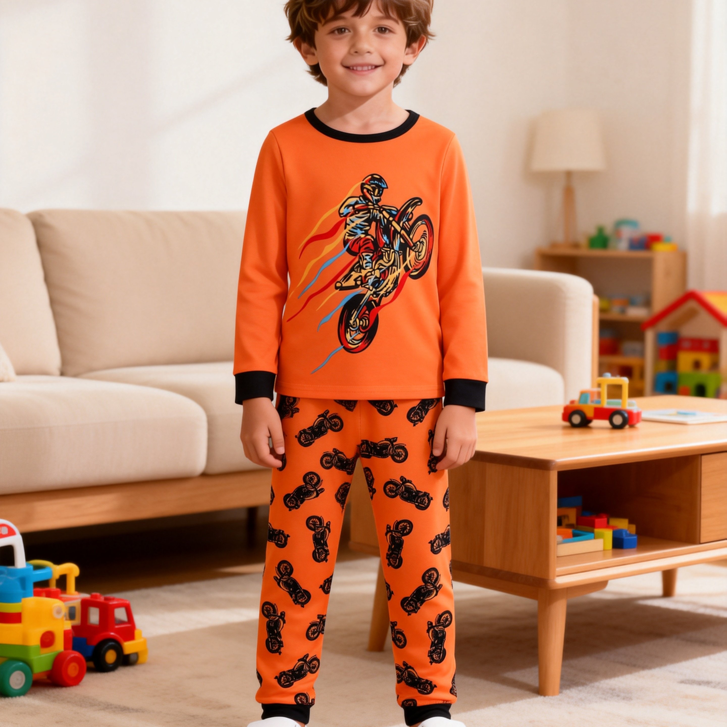 [1 Set] Boys Set, Cool Motorcycle Long Sleeve T-shirt And Long Pants Set, Easy Fashionable Comfortable Breathable Soft Boys Style Casual Set, Boys Long Sleeve Fun T-shirt And Long Pants Set