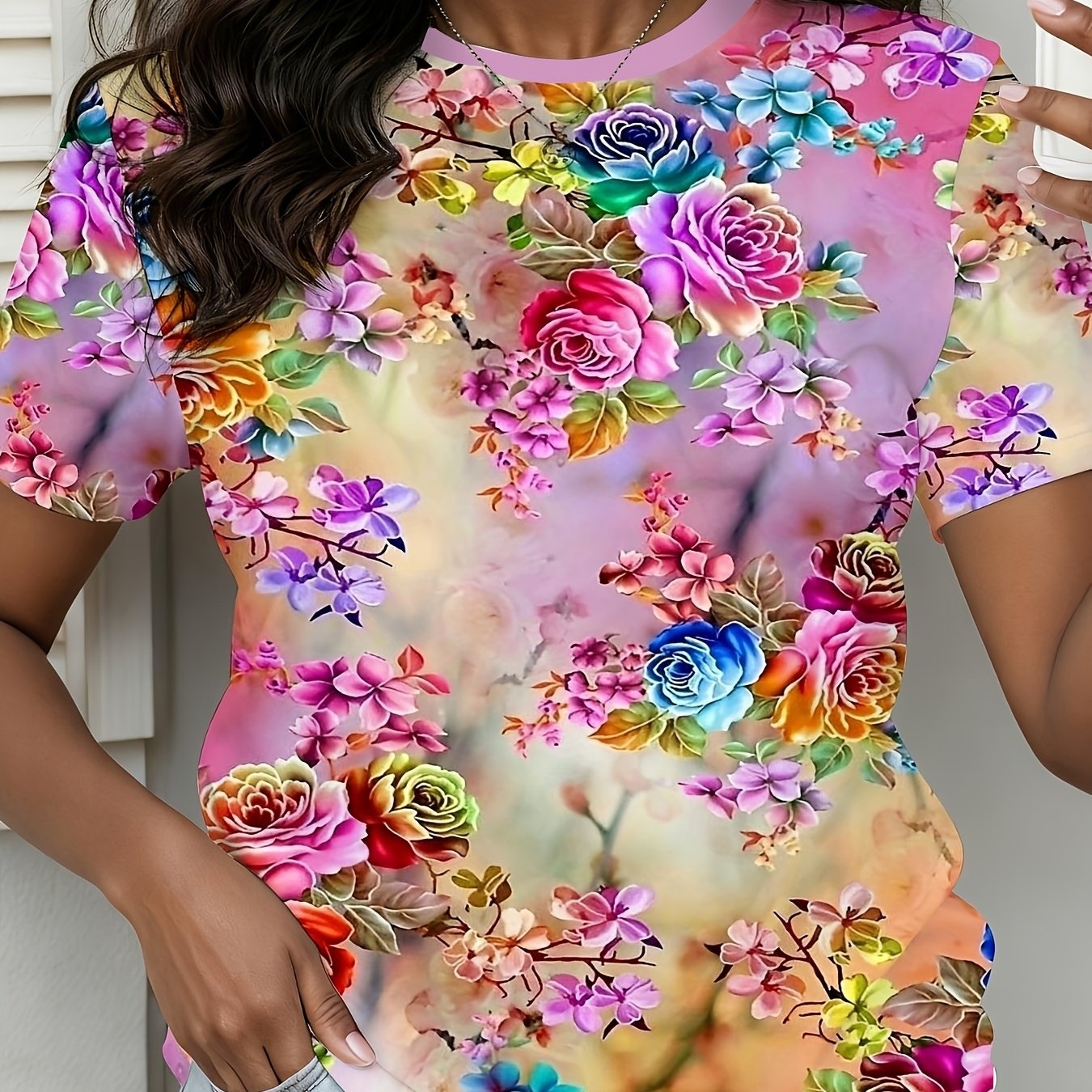TEMU [printed Design- No Texture]women's Printed T, Casual Round-neck Short-sleeve Top, Full Floral , And Fit, Suitable For Occasions Such As Daily ,