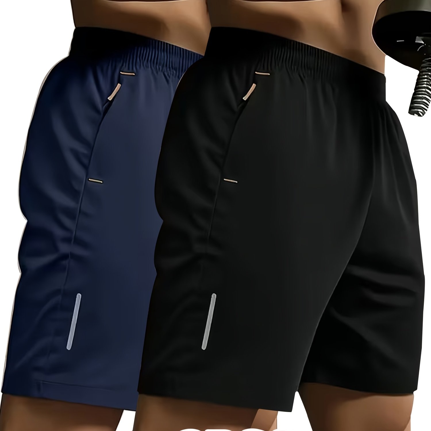 TEMU 2-piece Mixed Pc Of Men's Sporty Casual Shorts With Reflective Strip Print Design, Dual-side Zipper Pockets, Comfortable Breathable Polyester